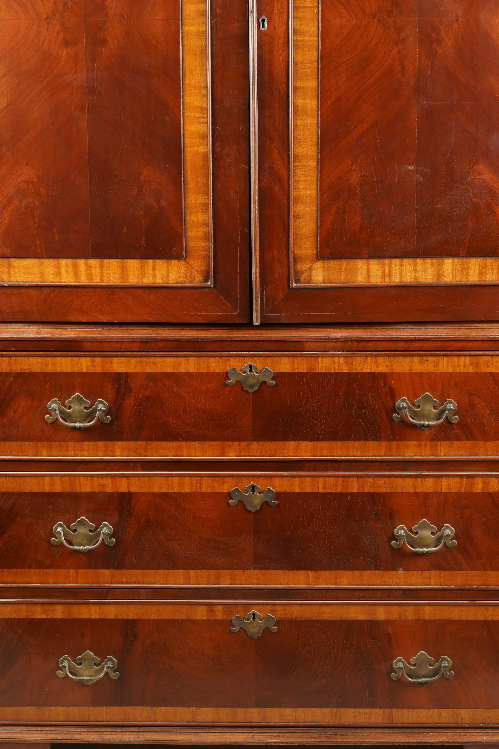 AF3-024: Late 20th Century English Georgian Mahogany & Satinwood Linen Press Entertainment Cabinet