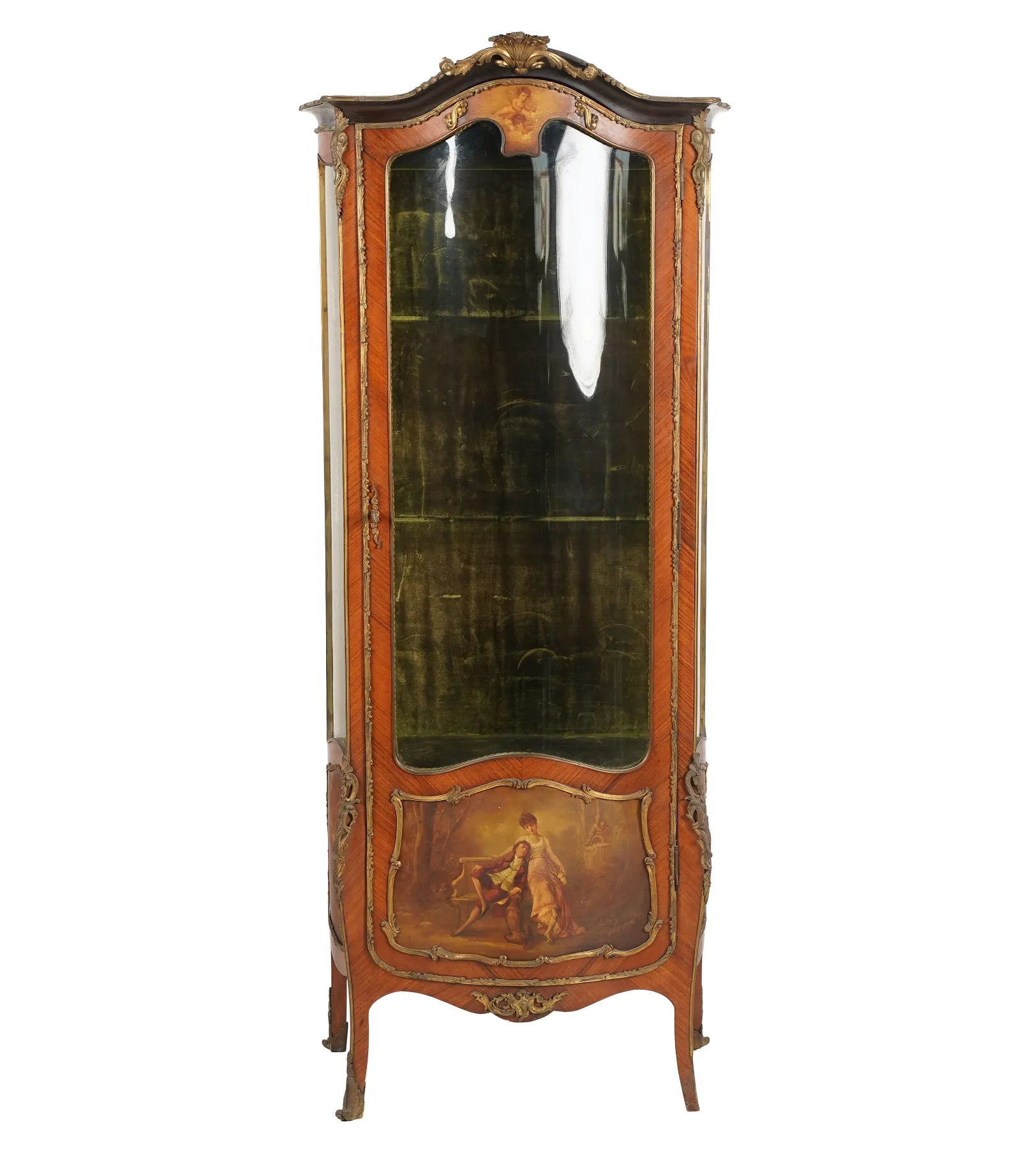 AF3-110: Antique Early 20th Century French Louis XV Kingwood Marquetry Vitrine Display Cabinet with Vernis Martin Style Decorated Finish