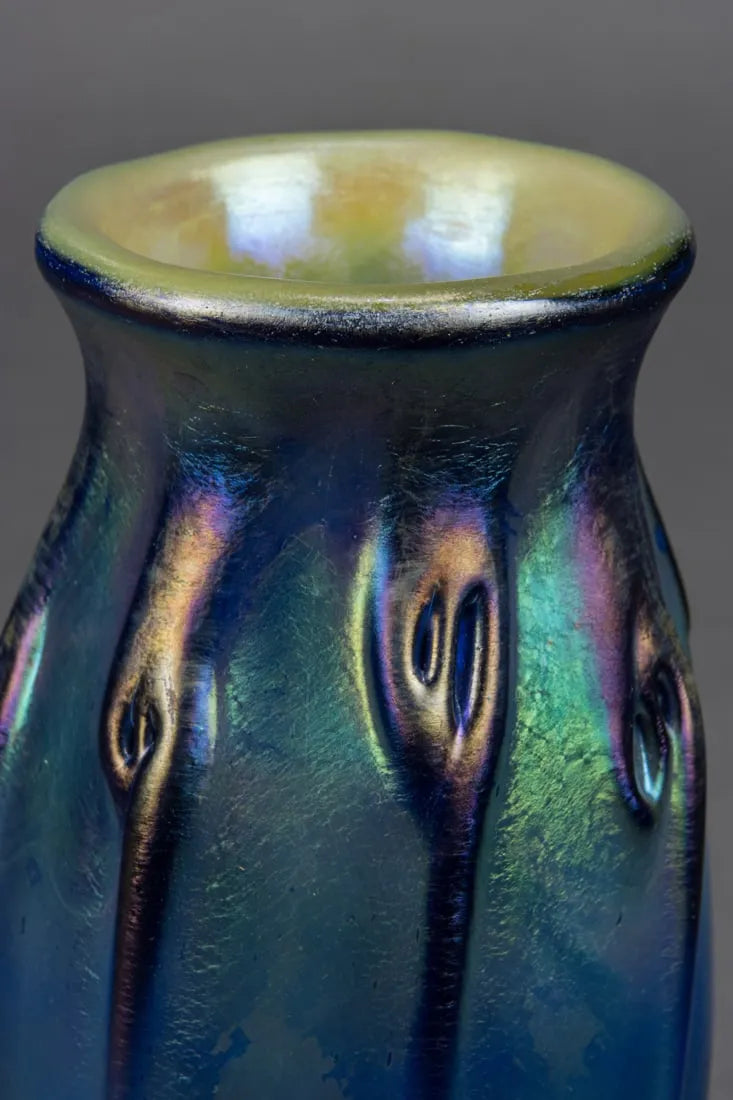 DA4-017: Chris Funk Blue Iridescent Art Glass Vase, Signed