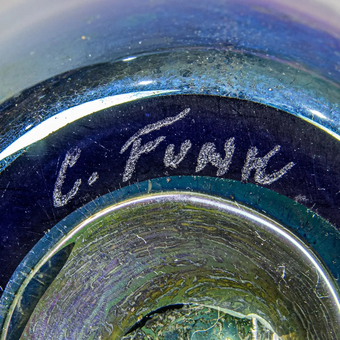 DA4-017: Chris Funk Blue Iridescent Art Glass Vase, Signed