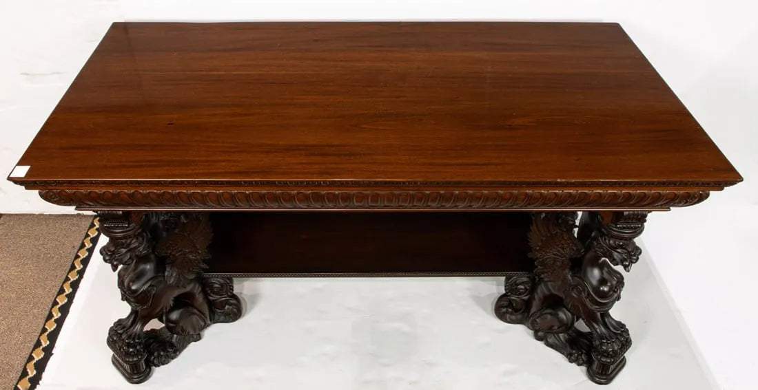 AF1-035: Antique  Circa 1890 R.J. Horner & Co, New York Carved Mahogany Library Table With Winged Griffin Supports