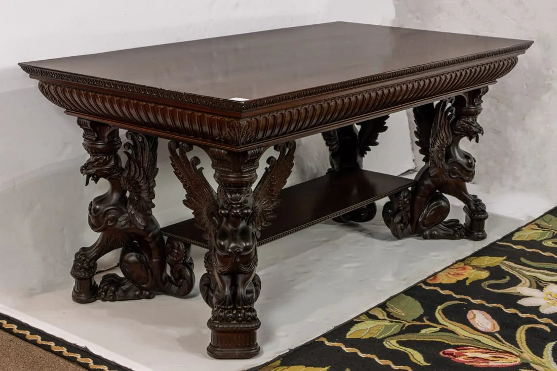 AF1-035: Antique  Circa 1890 R.J. Horner & Co, New York Carved Mahogany Library Table With Winged Griffin Supports