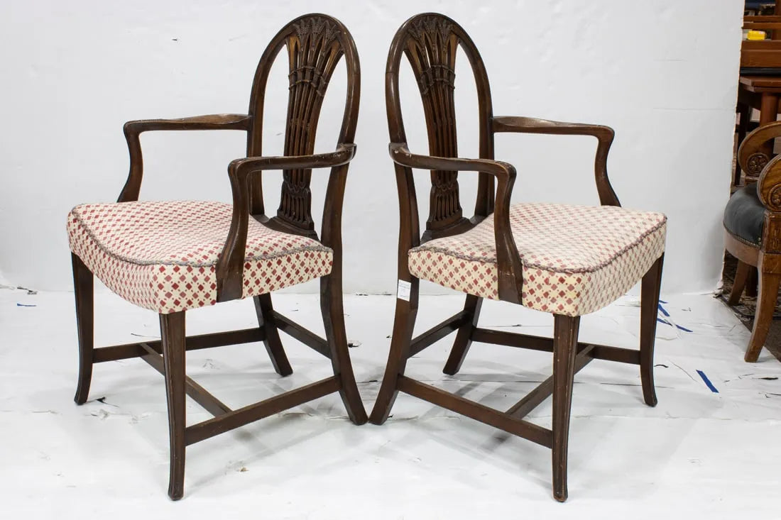 AF2-275: Antique Pair of Late 18th Century English Georgian Carved Mahogany Arm Chairs From the Ann & Gordon Getty Collection