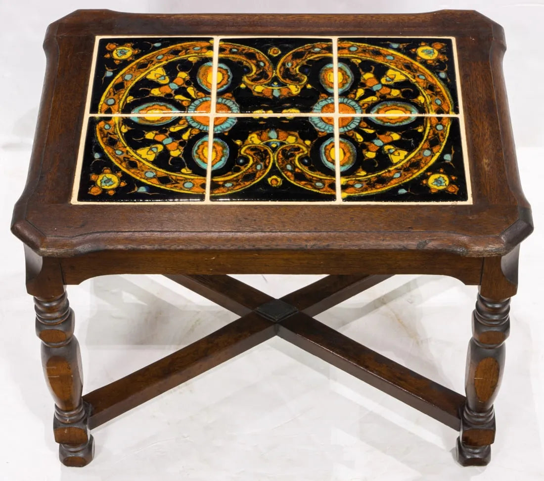 AF1-287: Antique Early 20th Century Mahogany Spanish Colonial Revival Tile Top Low Table W/ Taylor Tiles