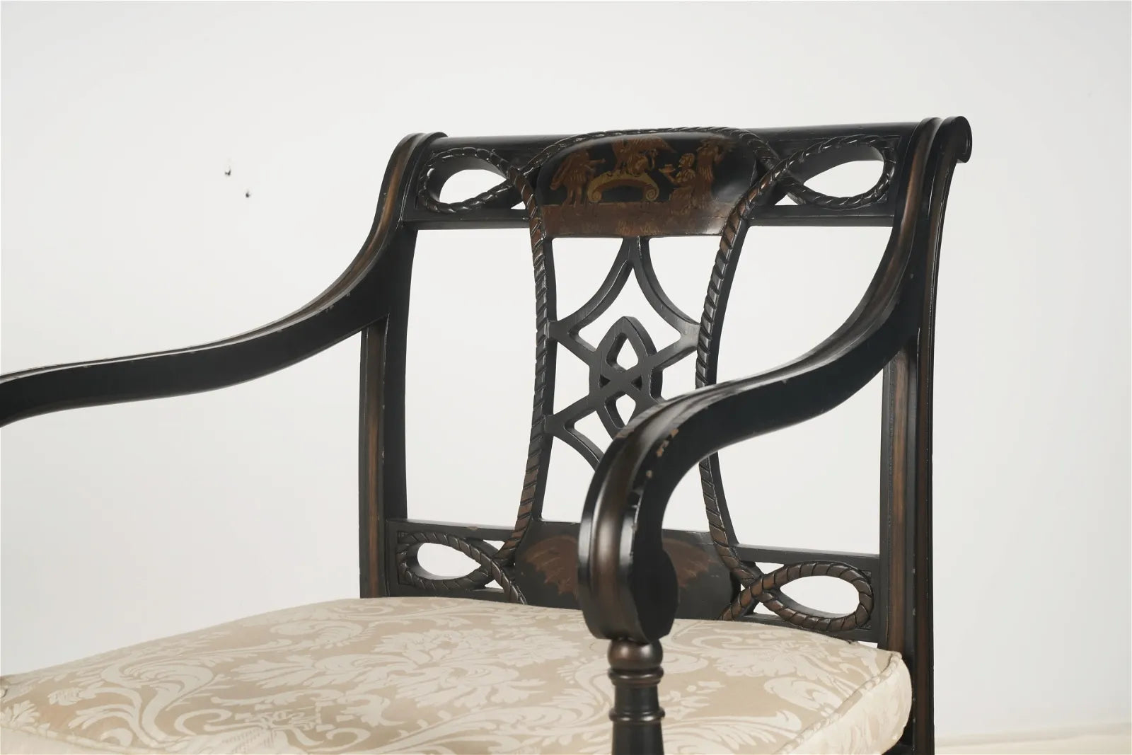 AF2-047: Antique Late 20th Century English Regency Style Neoclassical Paint Decorated Arm Chair