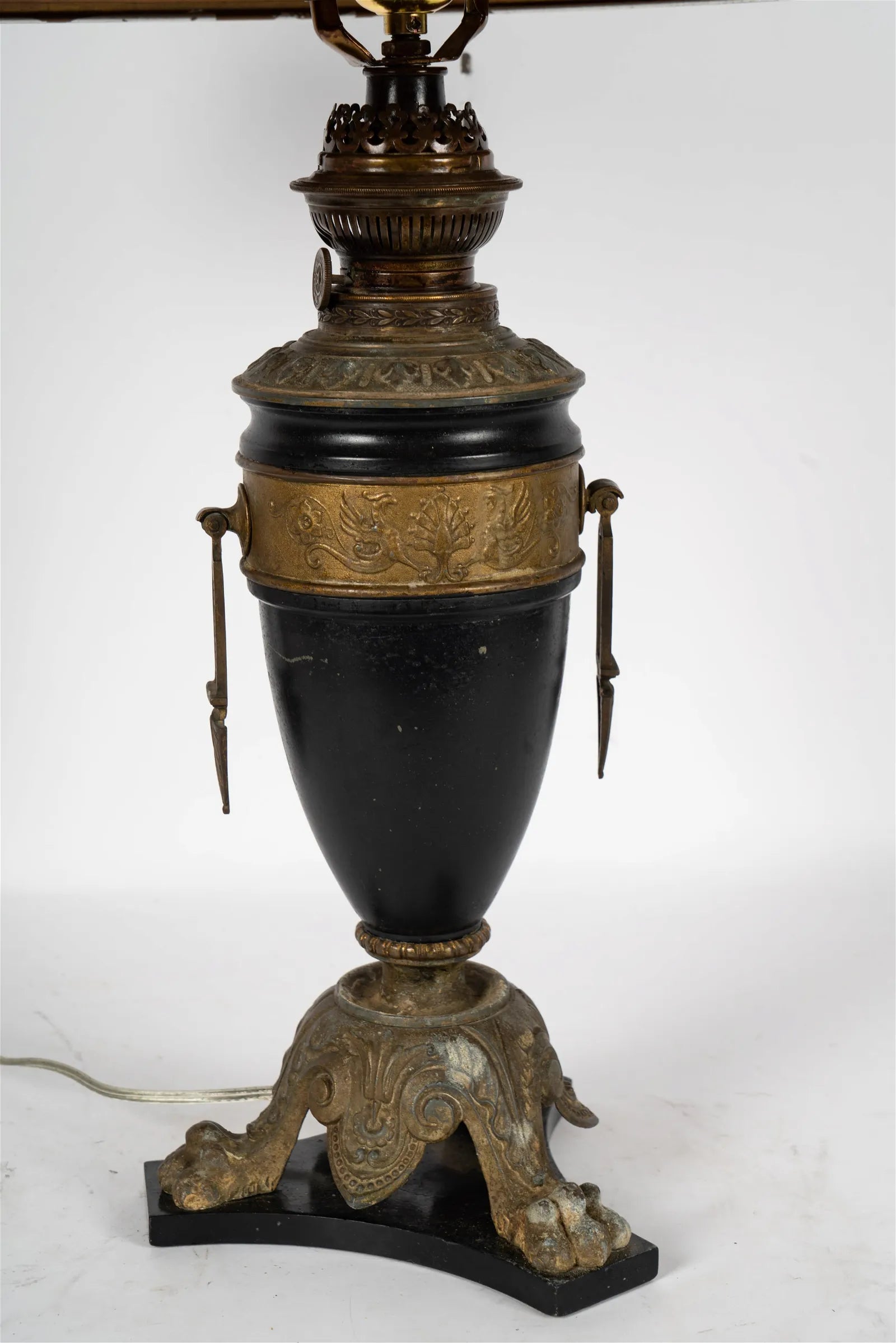 AL2-024: Mid 19th Century French Empire Style Urn Form Converted Kerosene Lamp With Newer Hand Painted Gilt Shade