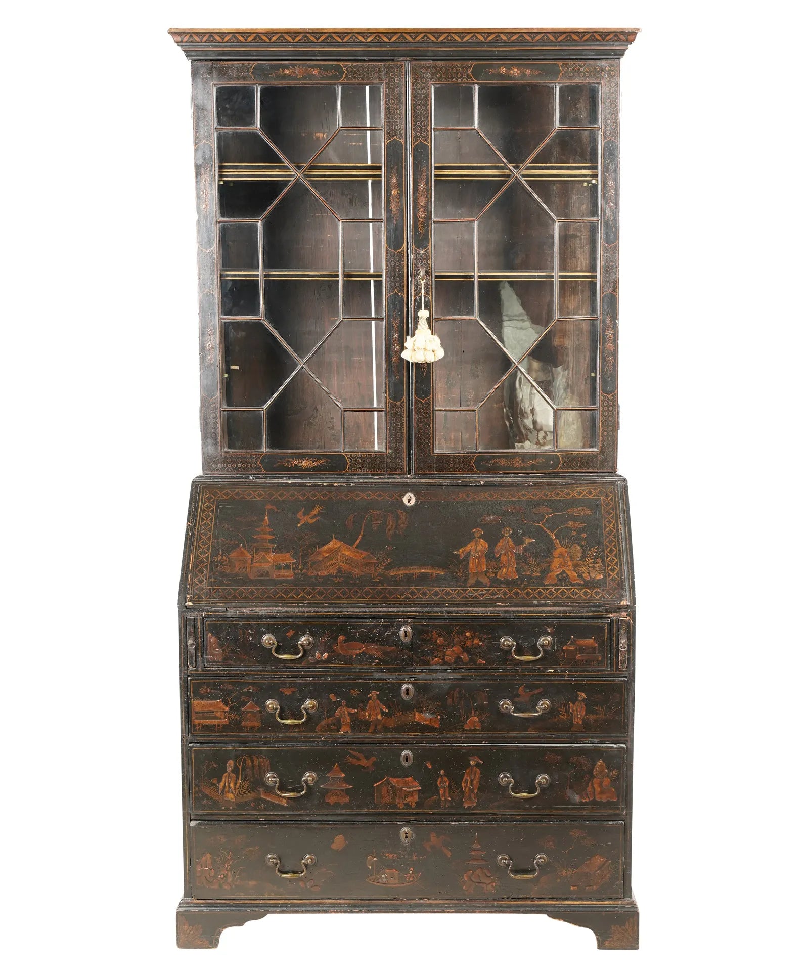 AF5-001: Antique Late 18th Century American Chinoiserie Black and Gilt Japanned Bureau Secretary Bookcase