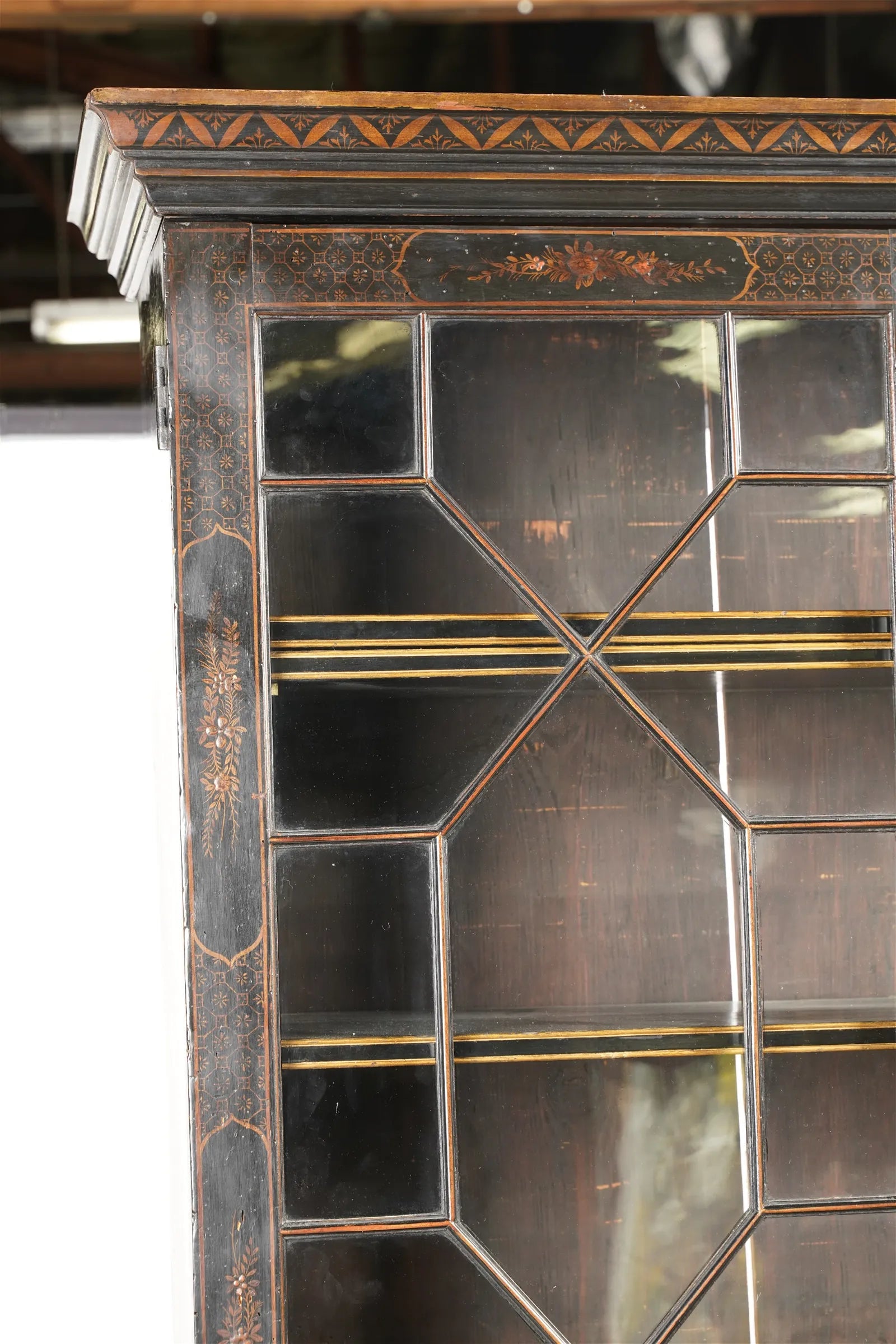 AF5-001: Antique Late 18th Century American Chinoiserie Black and Gilt Japanned Bureau Secretary Bookcase