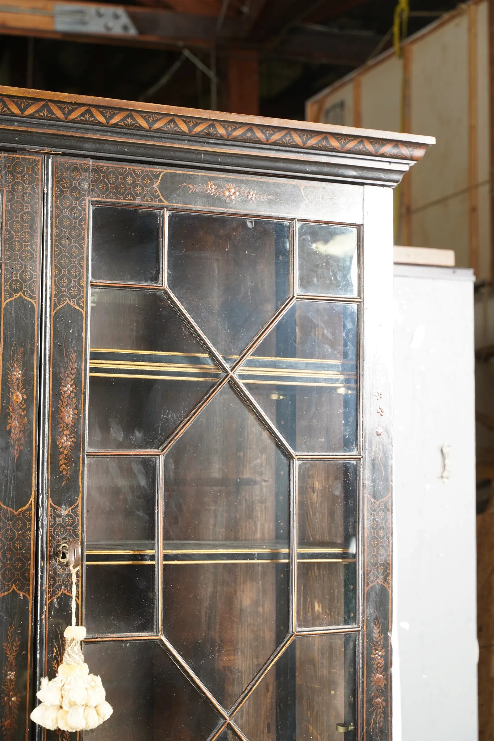 AF5-001: Antique Late 18th Century American Chinoiserie Black and Gilt Japanned Bureau Secretary Bookcase