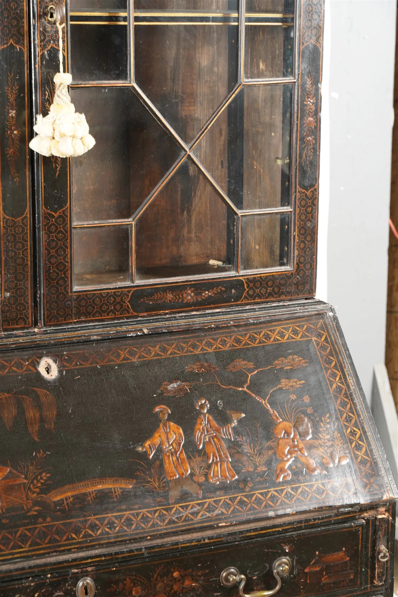 AF5-001: Antique Late 18th Century American Chinoiserie Black and Gilt Japanned Bureau Secretary Bookcase