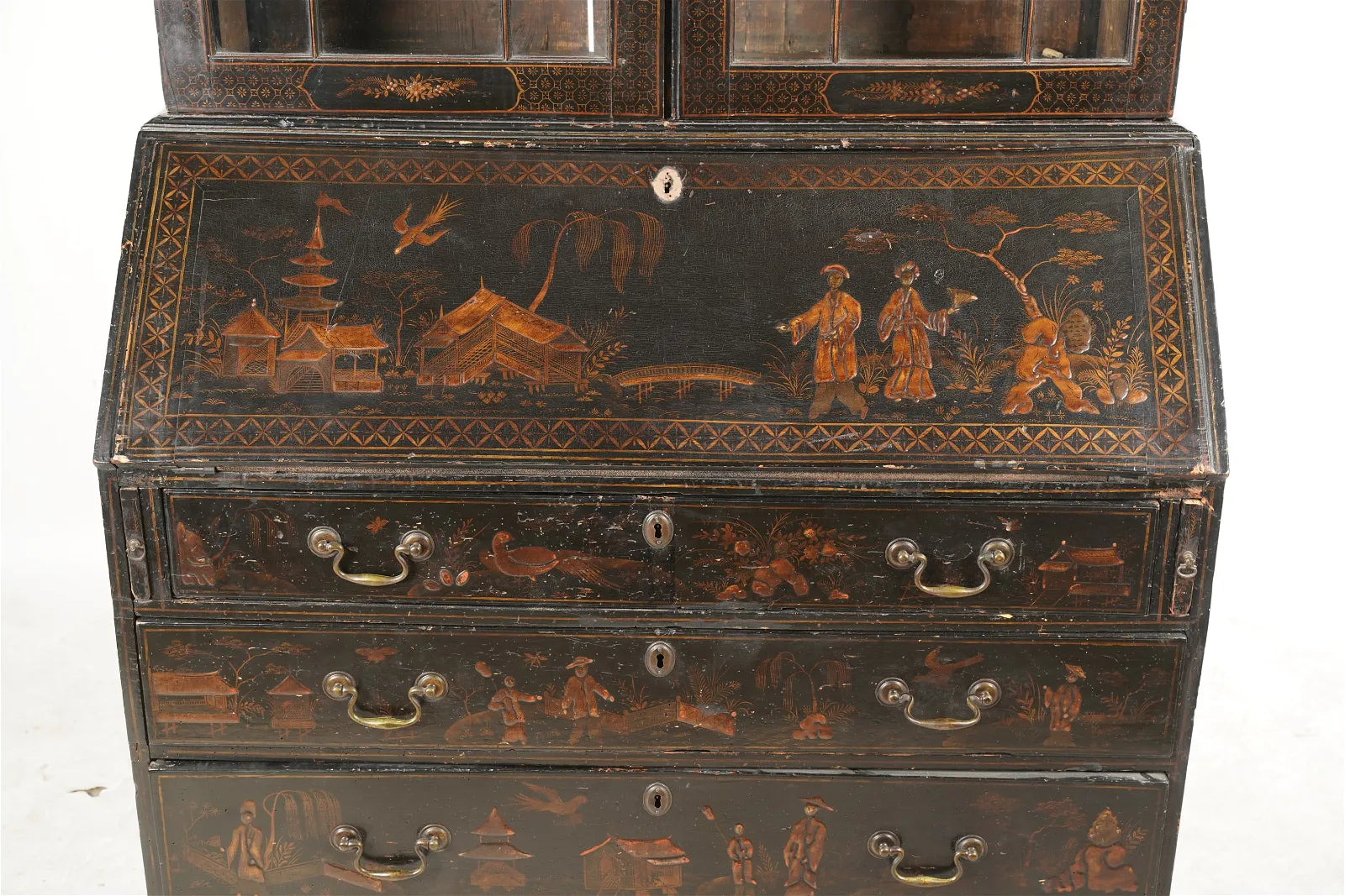 AF5-001: Antique Late 18th Century American Chinoiserie Black and Gilt Japanned Bureau Secretary Bookcase