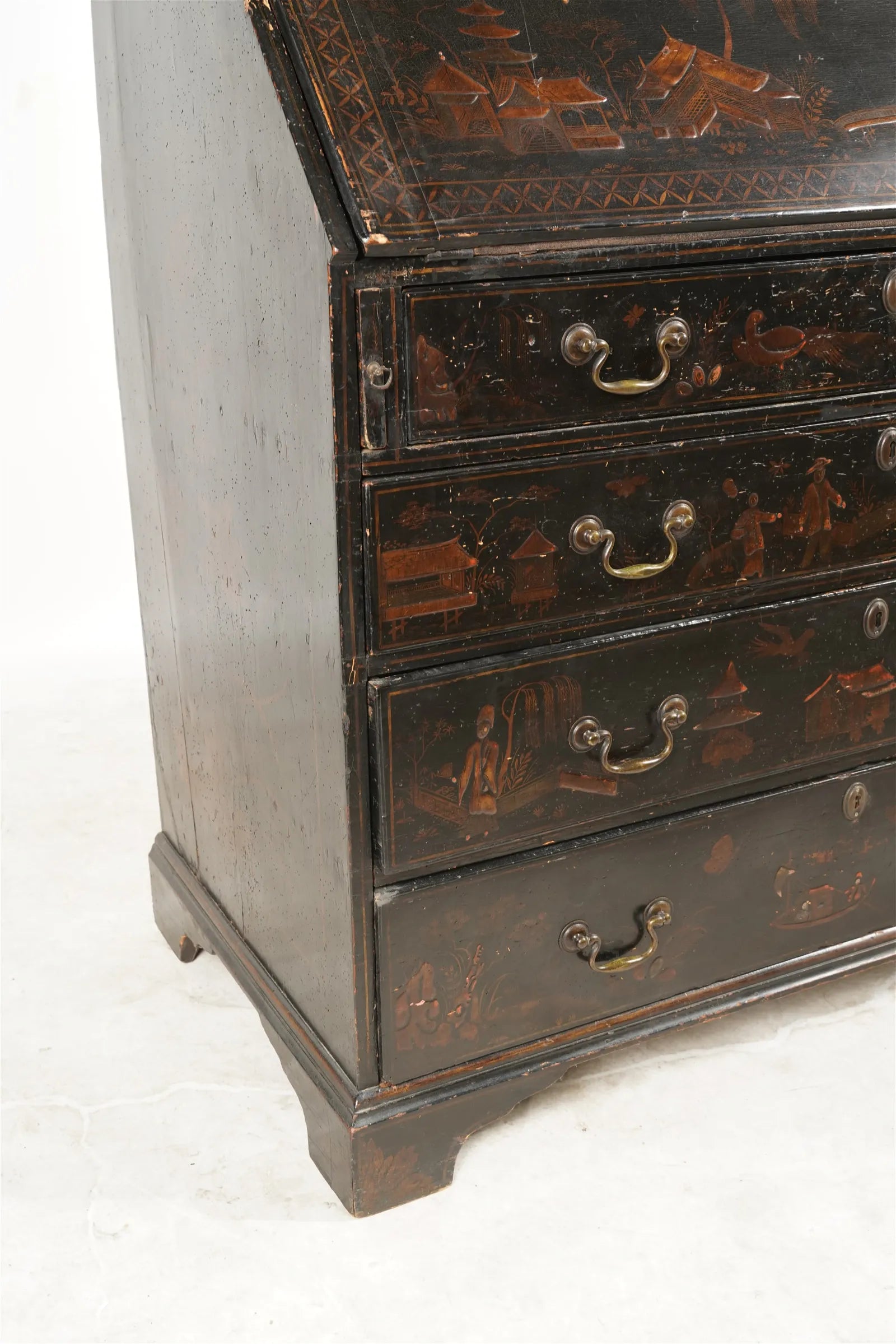 AF5-001: Antique Late 18th Century American Chinoiserie Black and Gilt Japanned Bureau Secretary Bookcase