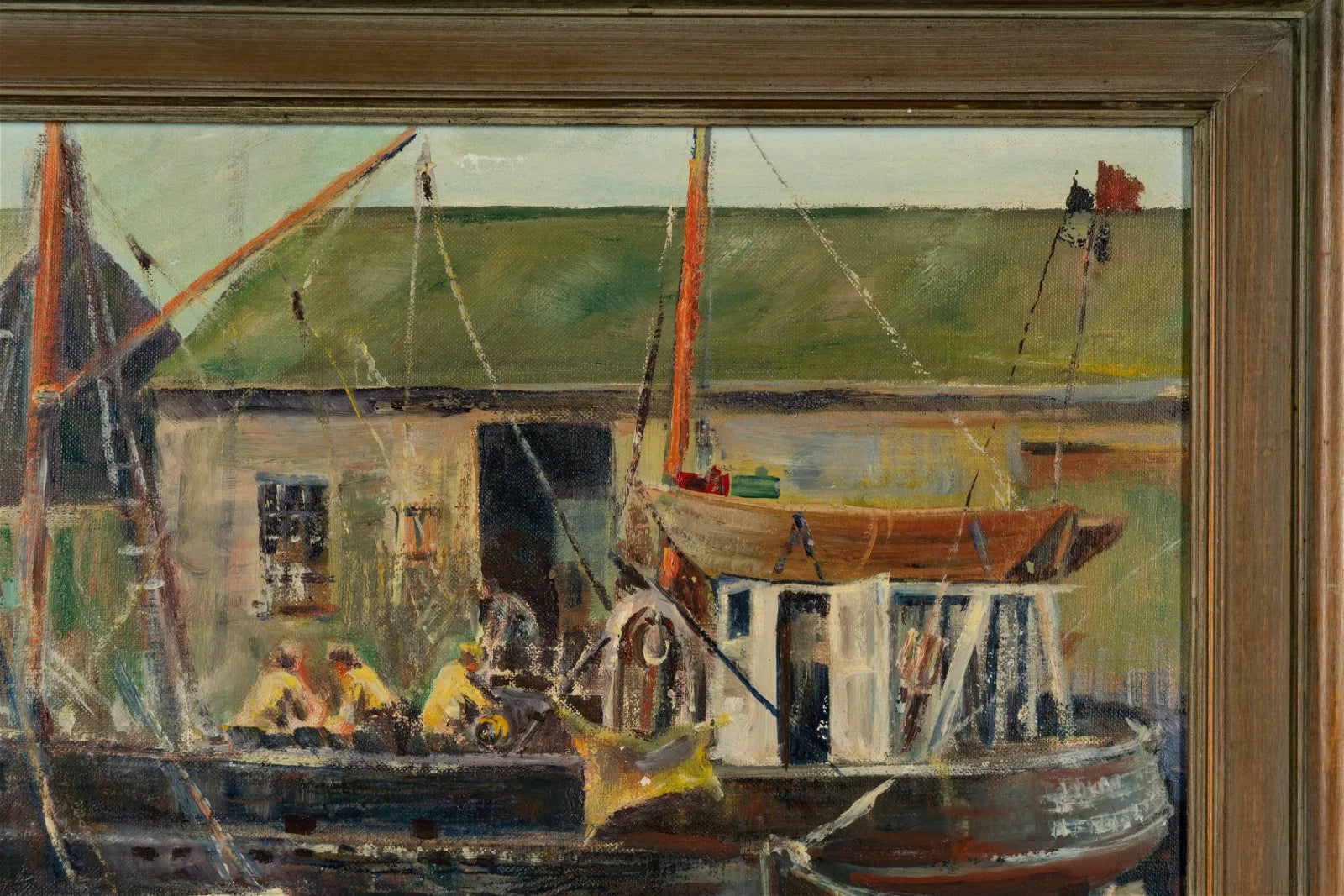 AW614: Harold Kenworthy (Early 20th Century - WPA) Fishing Boats at Dock Oil on Board Painting