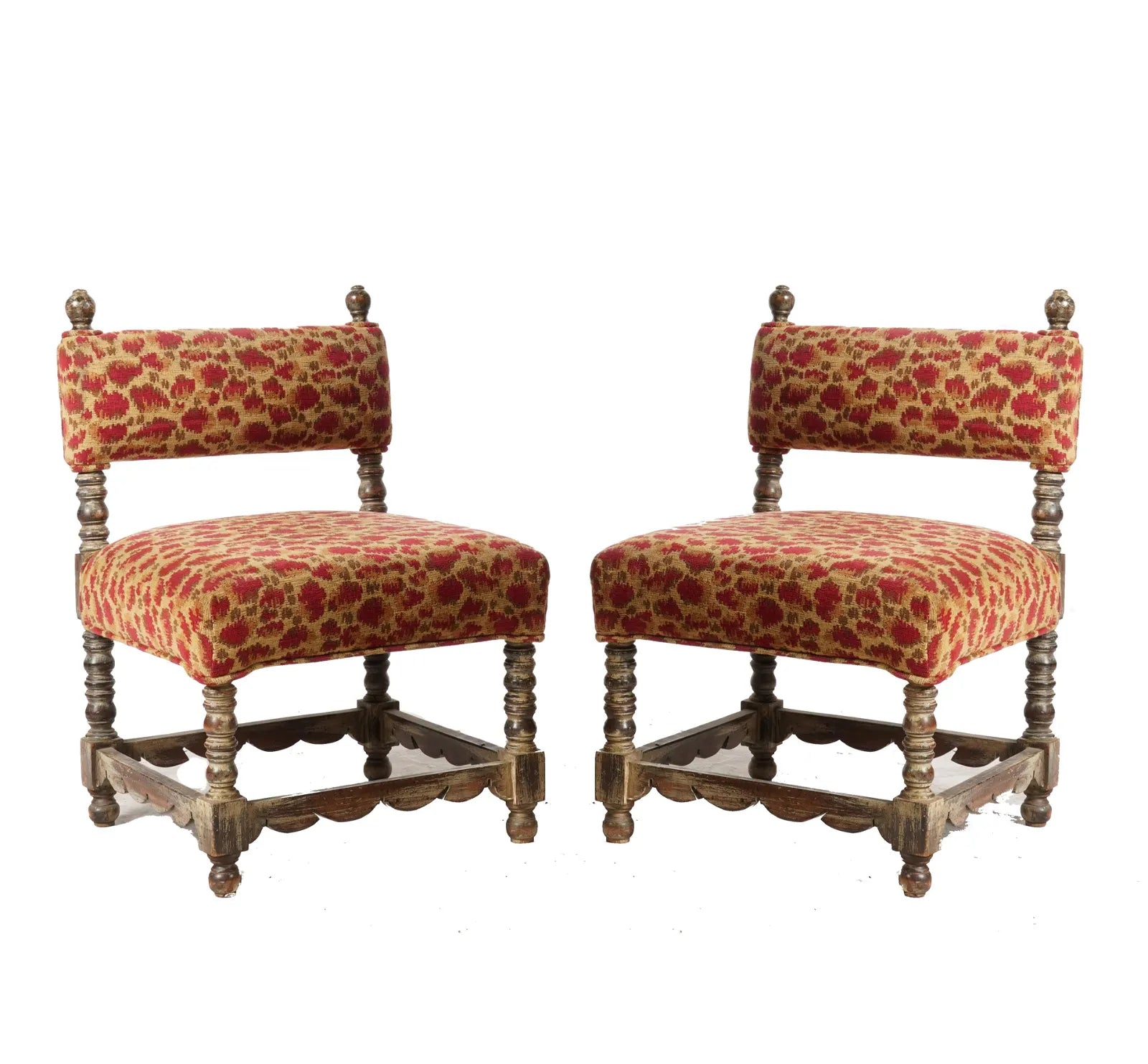 AF2-050: Pair of Spanish Colonial Revival Patinated Turned Wood Low Chairs