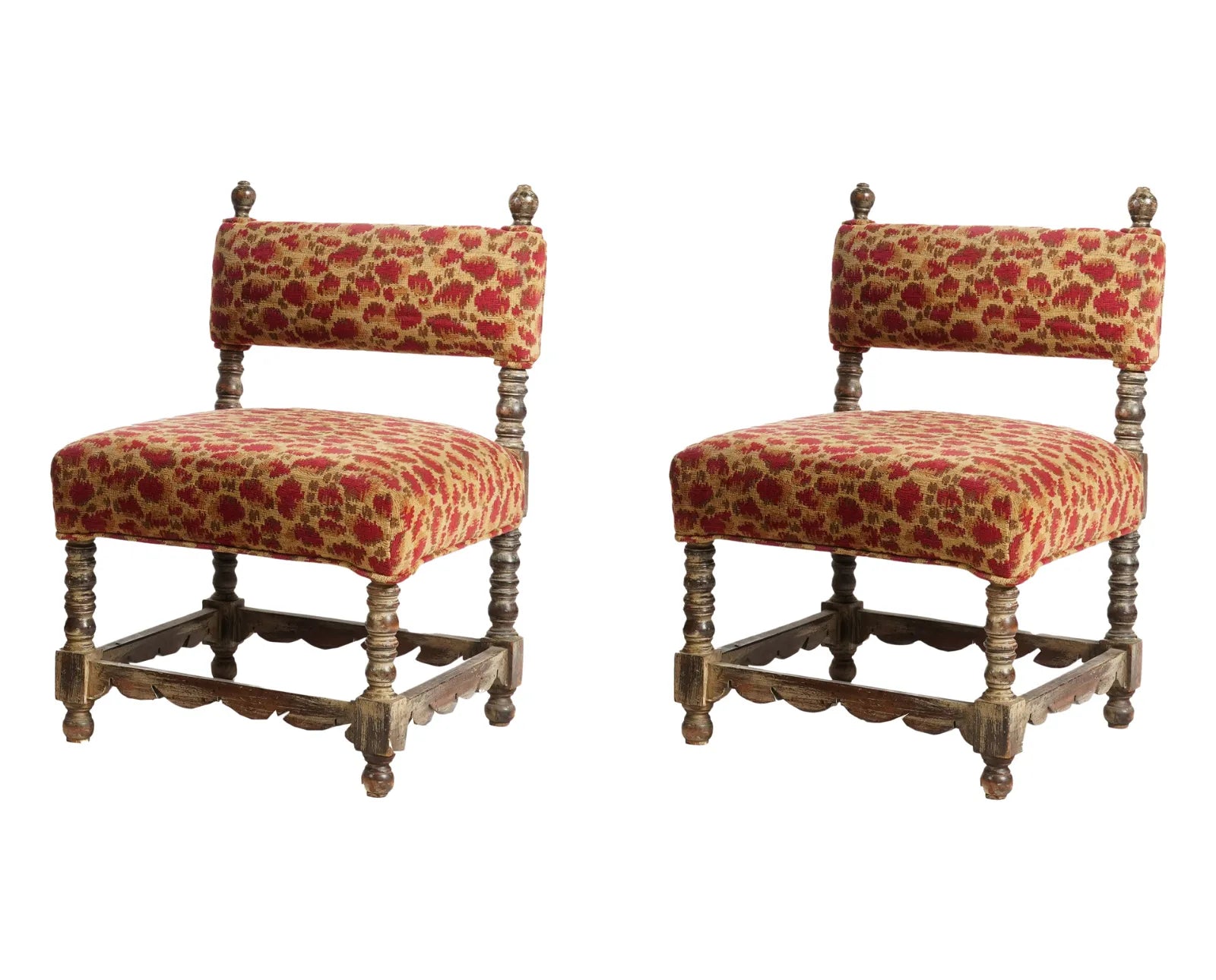 AF2-050: Pair of Spanish Colonial Revival Patinated Turned Wood Low Chairs