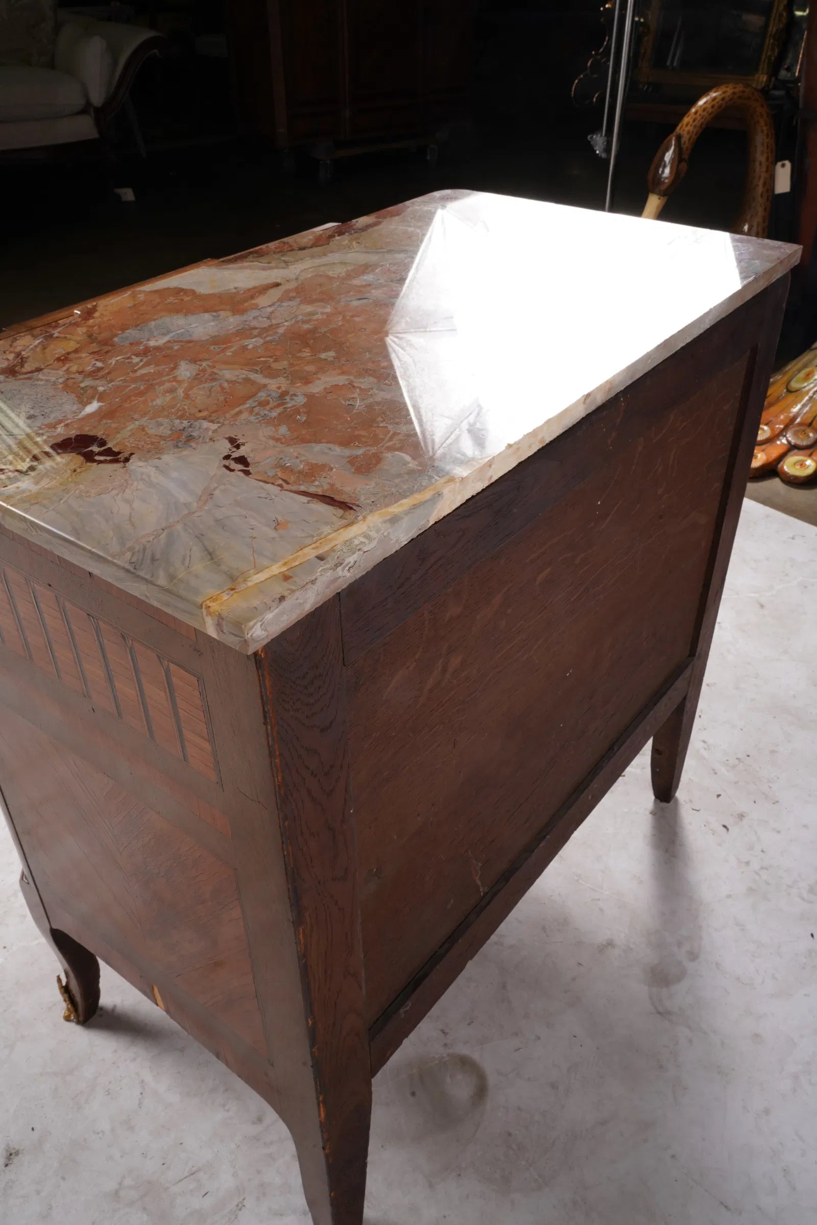 AF4-015: Antique French Louis XVI Marquetry Marble Top Chest With Inlay & Gilt Ormolu Circa 1900