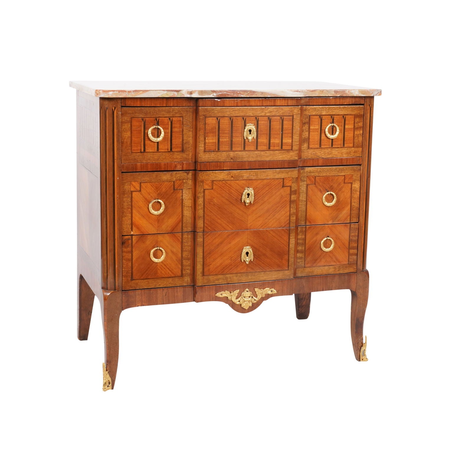 AF4-015: Antique French Louis XVI Marquetry Marble Top Chest With Inlay & Gilt Ormolu Circa 1900