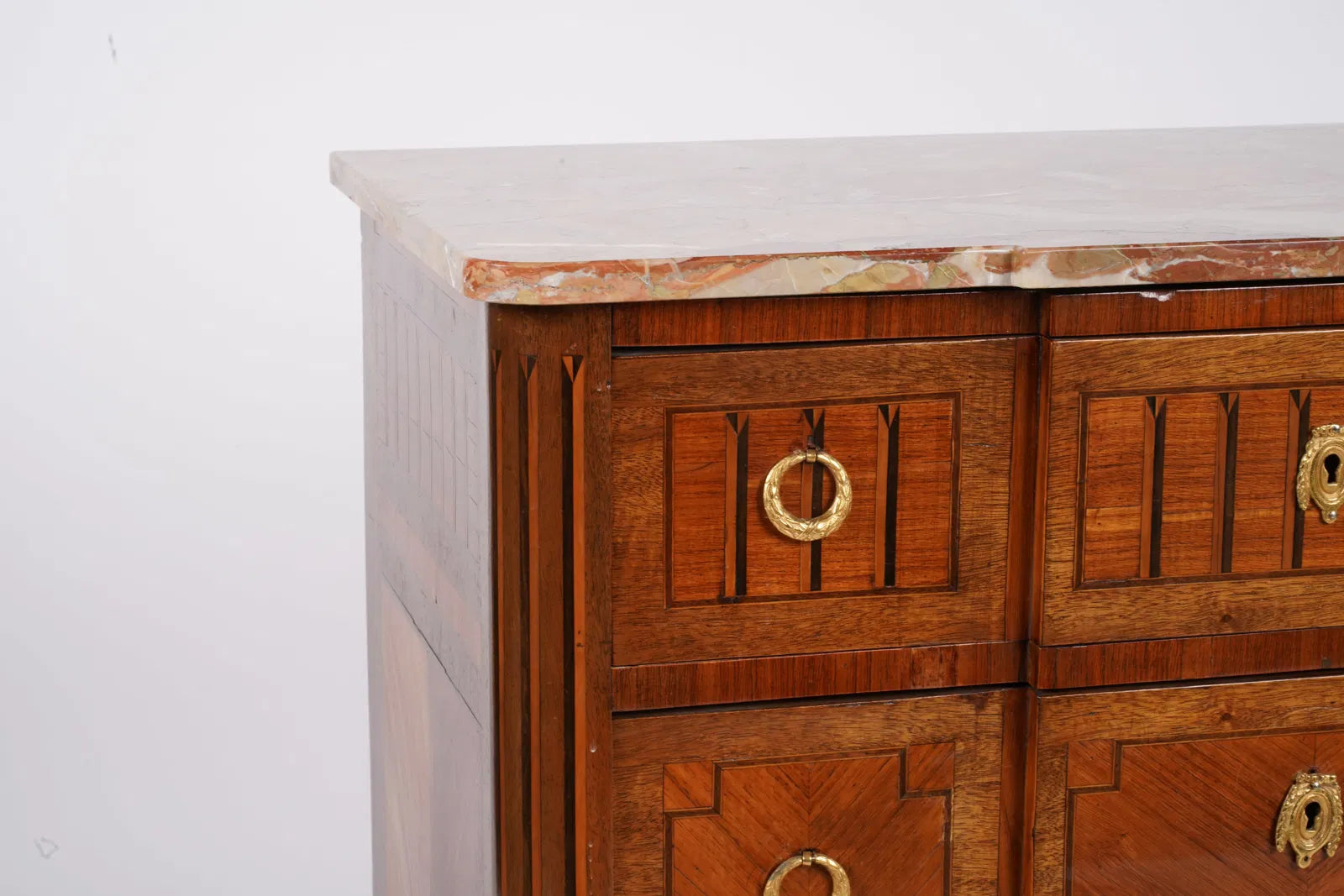 AF4-015: Antique French Louis XVI Marquetry Marble Top Chest With Inlay & Gilt Ormolu Circa 1900