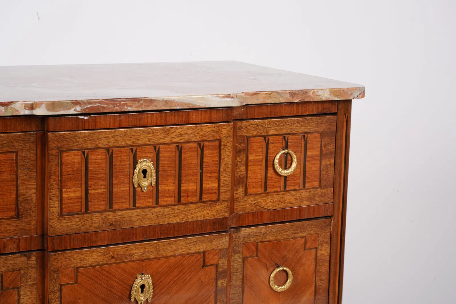 AF4-015: Antique French Louis XVI Marquetry Marble Top Chest With Inlay & Gilt Ormolu Circa 1900