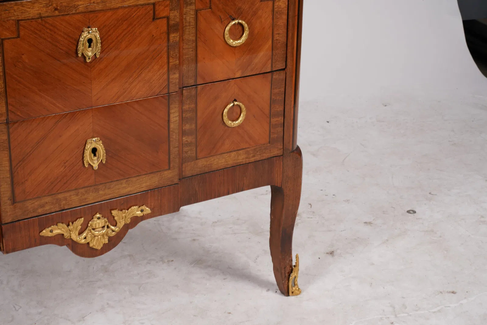 AF4-015: Antique French Louis XVI Marquetry Marble Top Chest With Inlay & Gilt Ormolu Circa 1900