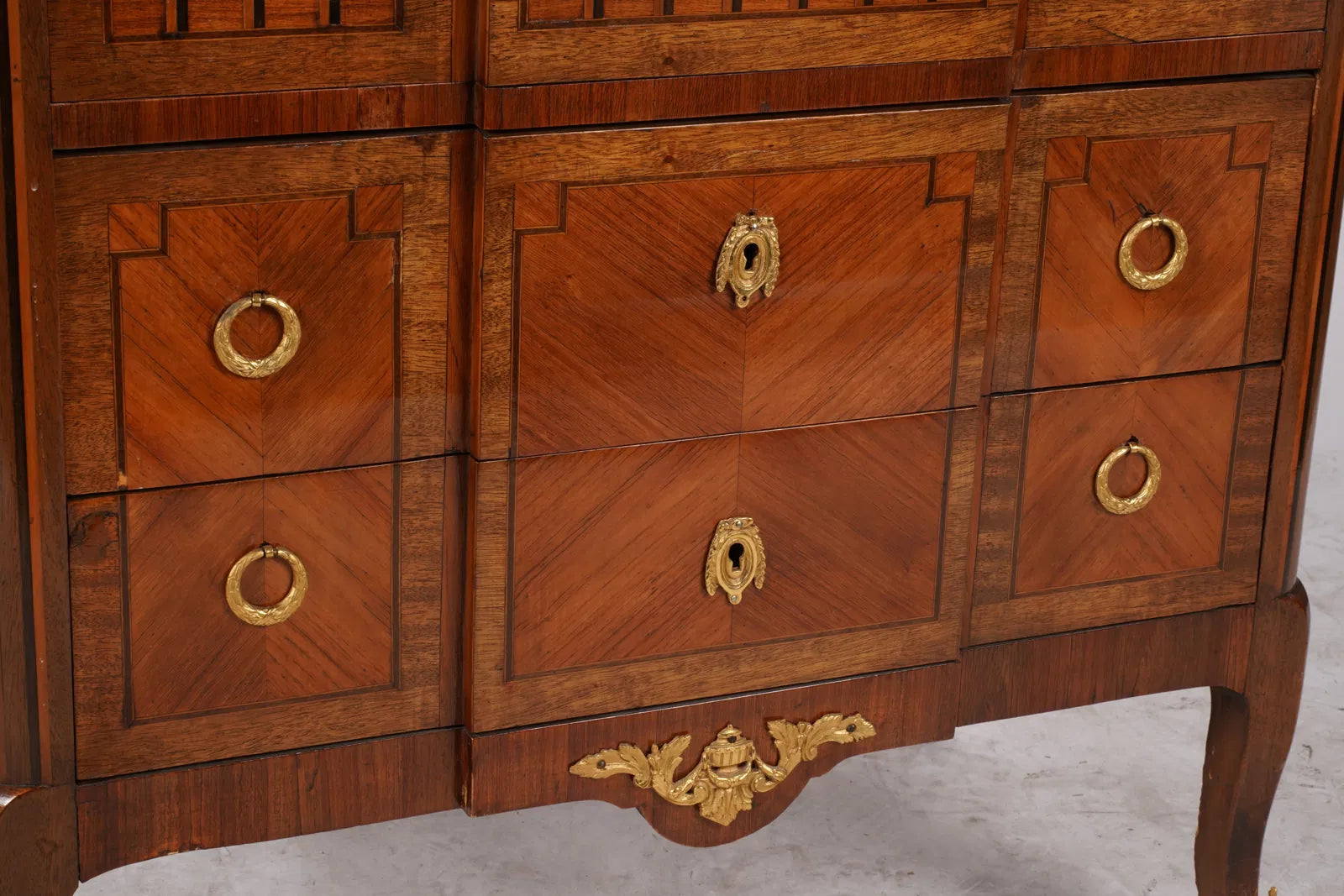 AF4-015: Antique French Louis XVI Marquetry Marble Top Chest With Inlay & Gilt Ormolu Circa 1900