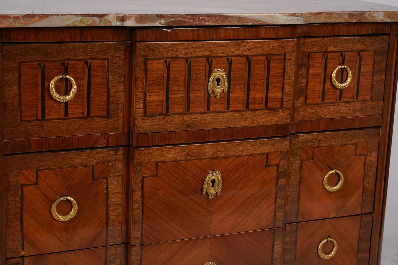 AF4-015: Antique French Louis XVI Marquetry Marble Top Chest With Inlay & Gilt Ormolu Circa 1900