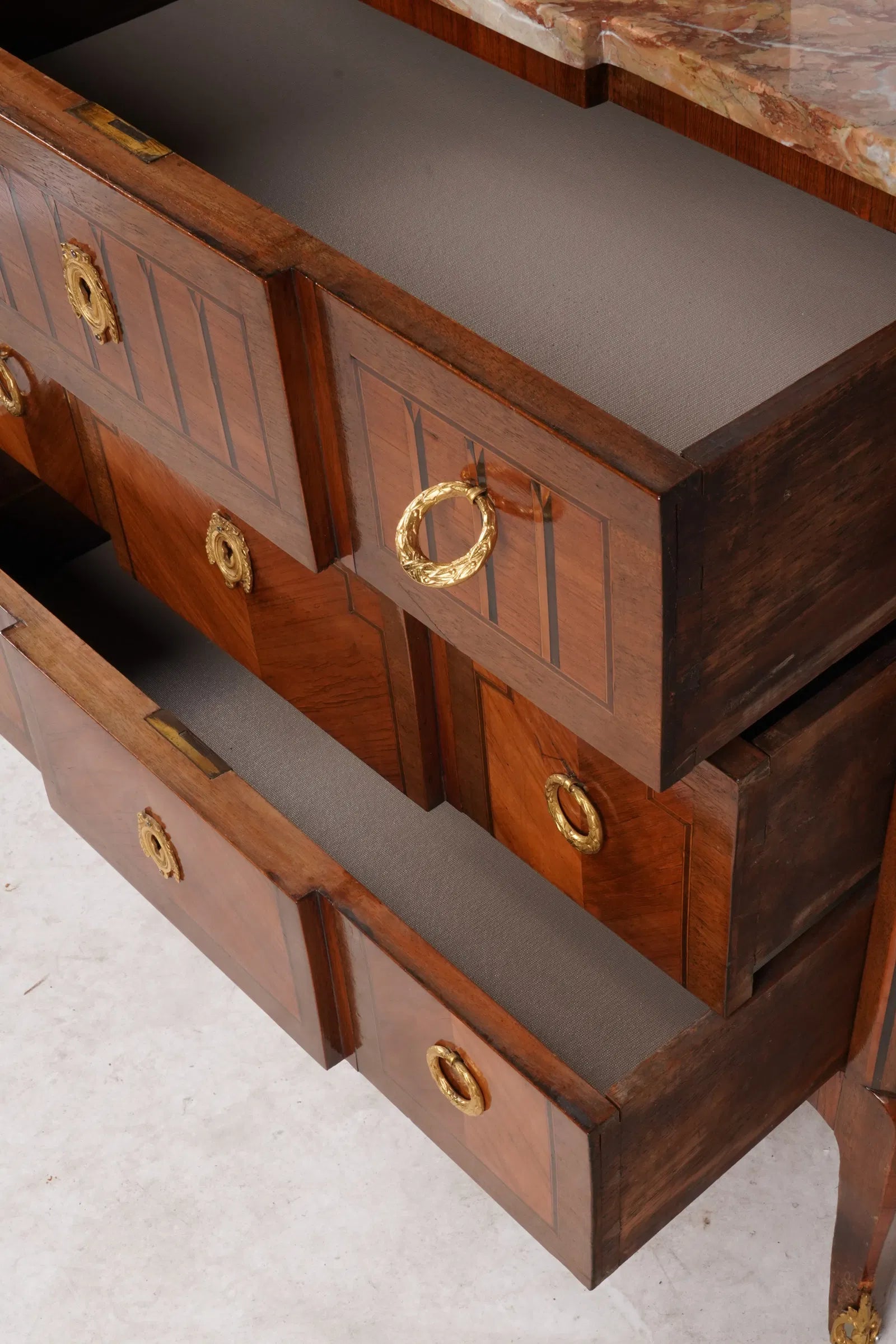 AF4-015: Antique French Louis XVI Marquetry Marble Top Chest With Inlay & Gilt Ormolu Circa 1900