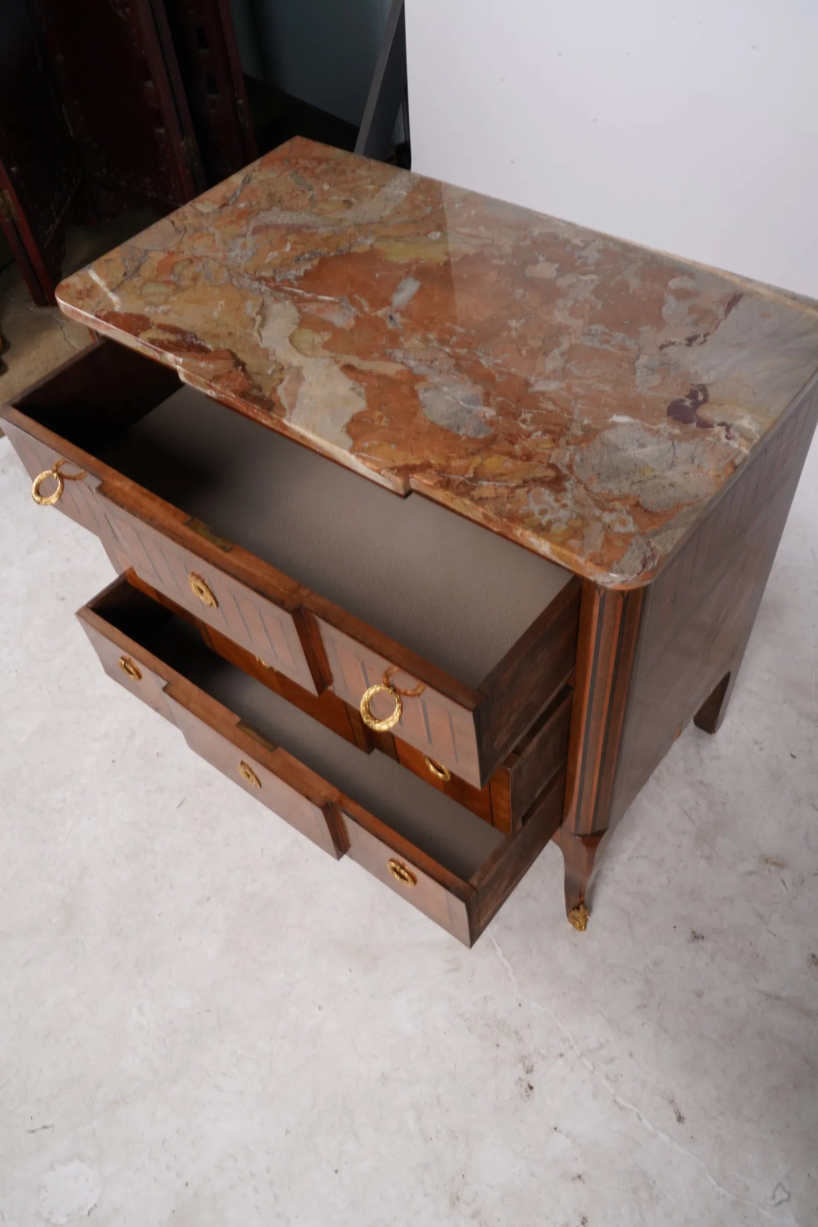 AF4-015: Antique French Louis XVI Marquetry Marble Top Chest With Inlay & Gilt Ormolu Circa 1900