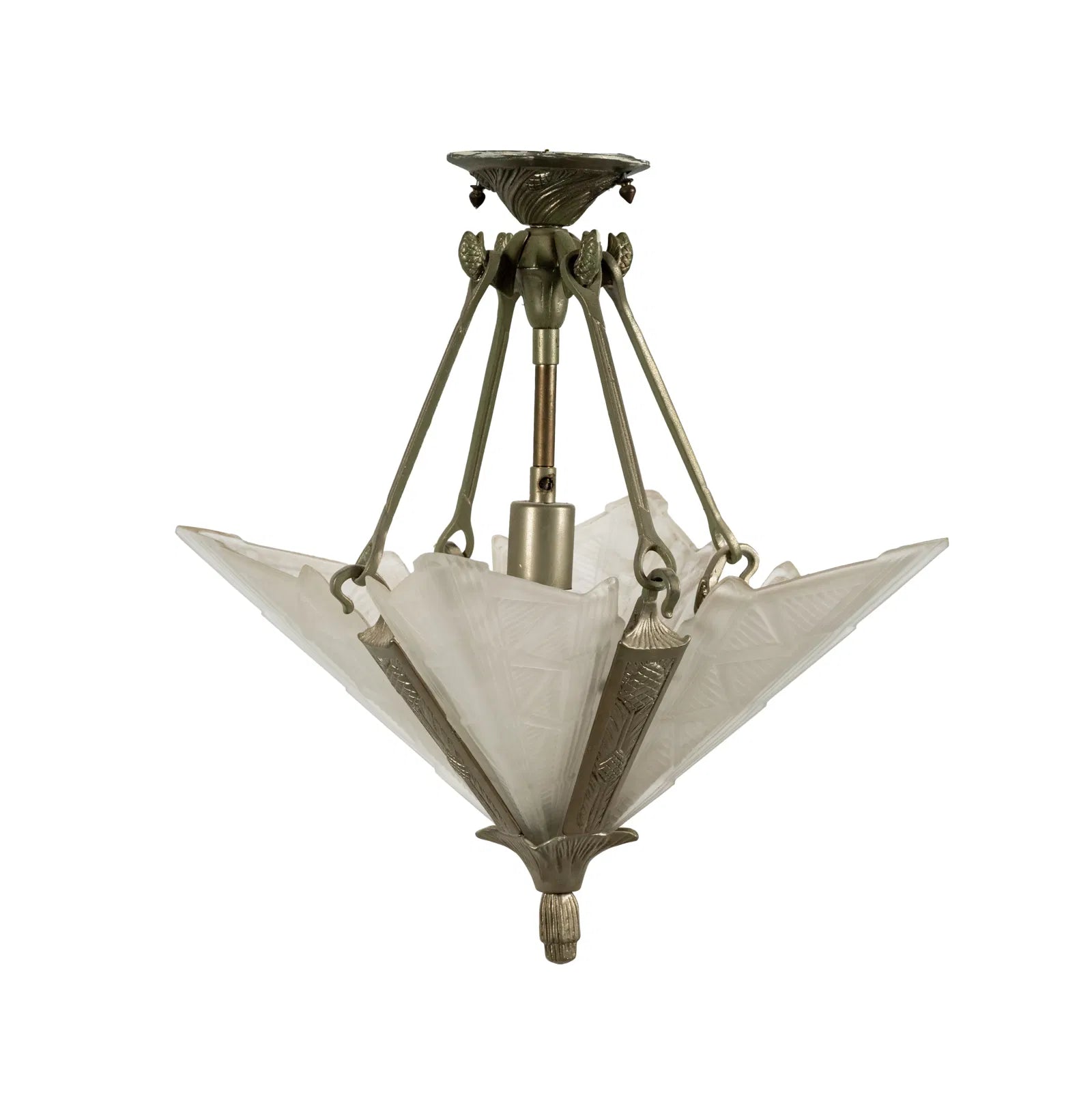 AL1-076: Antique French Art Deco Silvered Metal Ceiling Pendant Chandelier Circa 1920