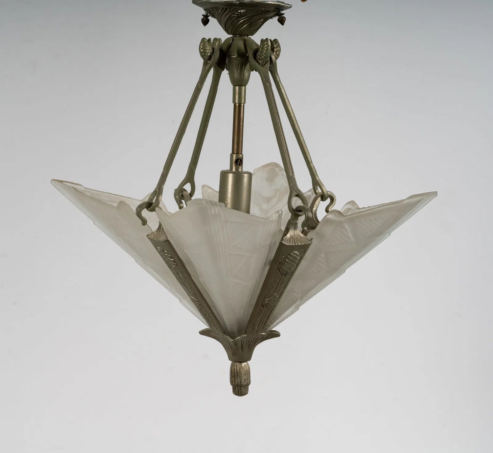 AL1-076: Antique French Art Deco Silvered Metal Ceiling Pendant Chandelier Circa 1920