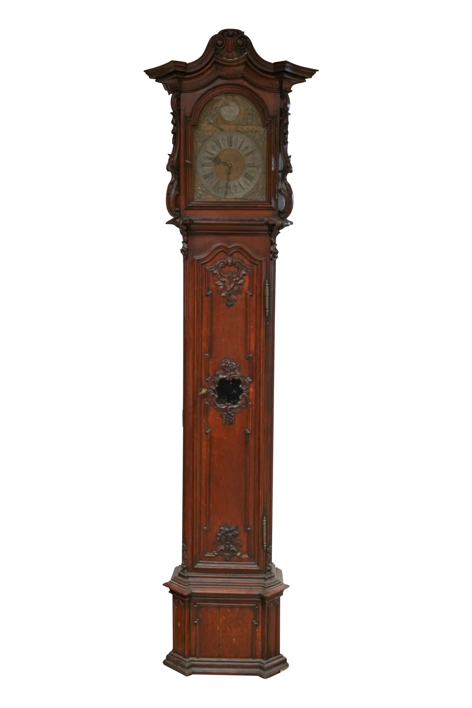 TK1-044: Late 18th Century French Louis XV Provincial Carved Oak Tall Case Clock