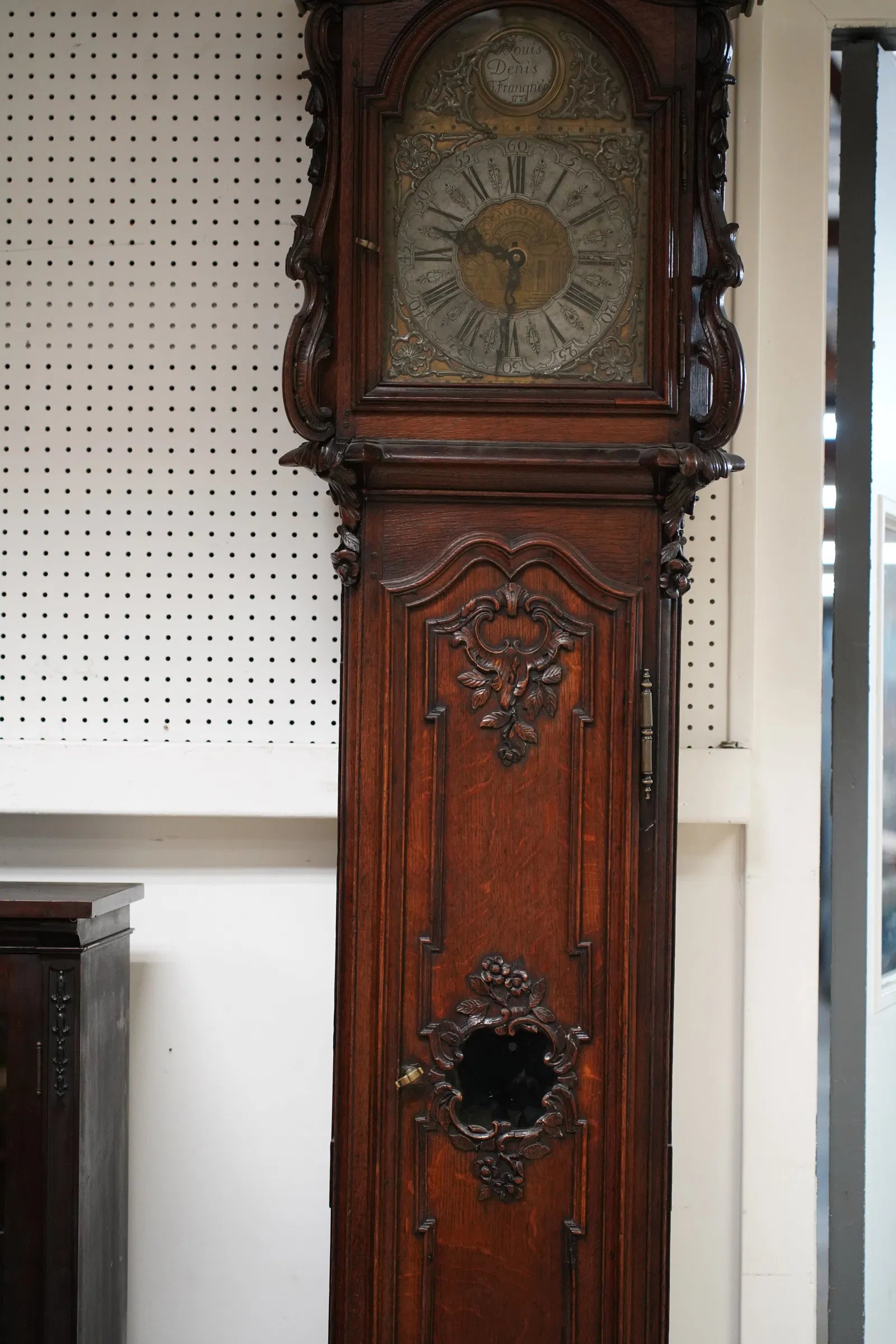 TK1-044: Late 18th Century French Louis XV Provincial Carved Oak Tall Case Clock