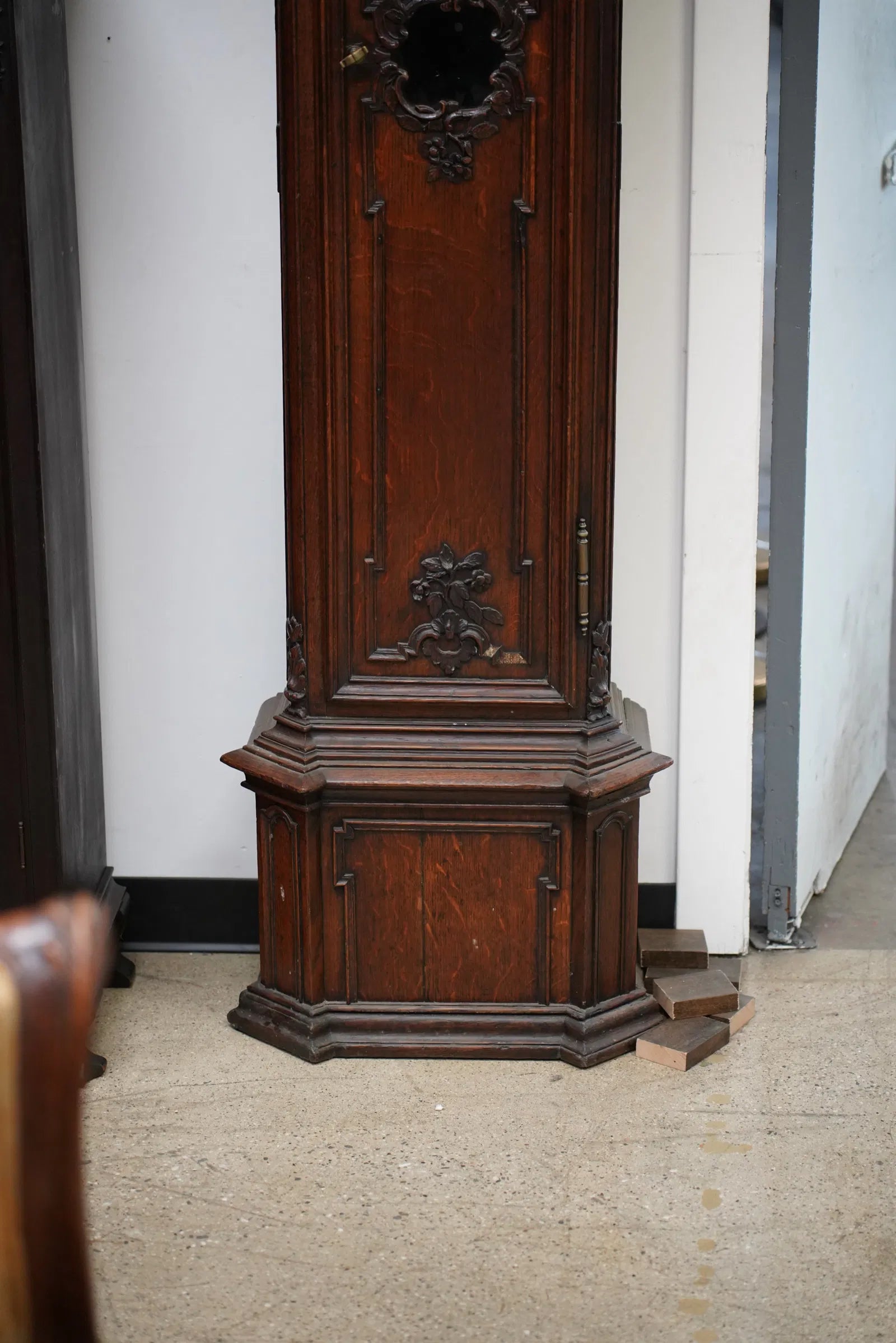 TK1-044: Late 18th Century French Louis XV Provincial Carved Oak Tall Case Clock