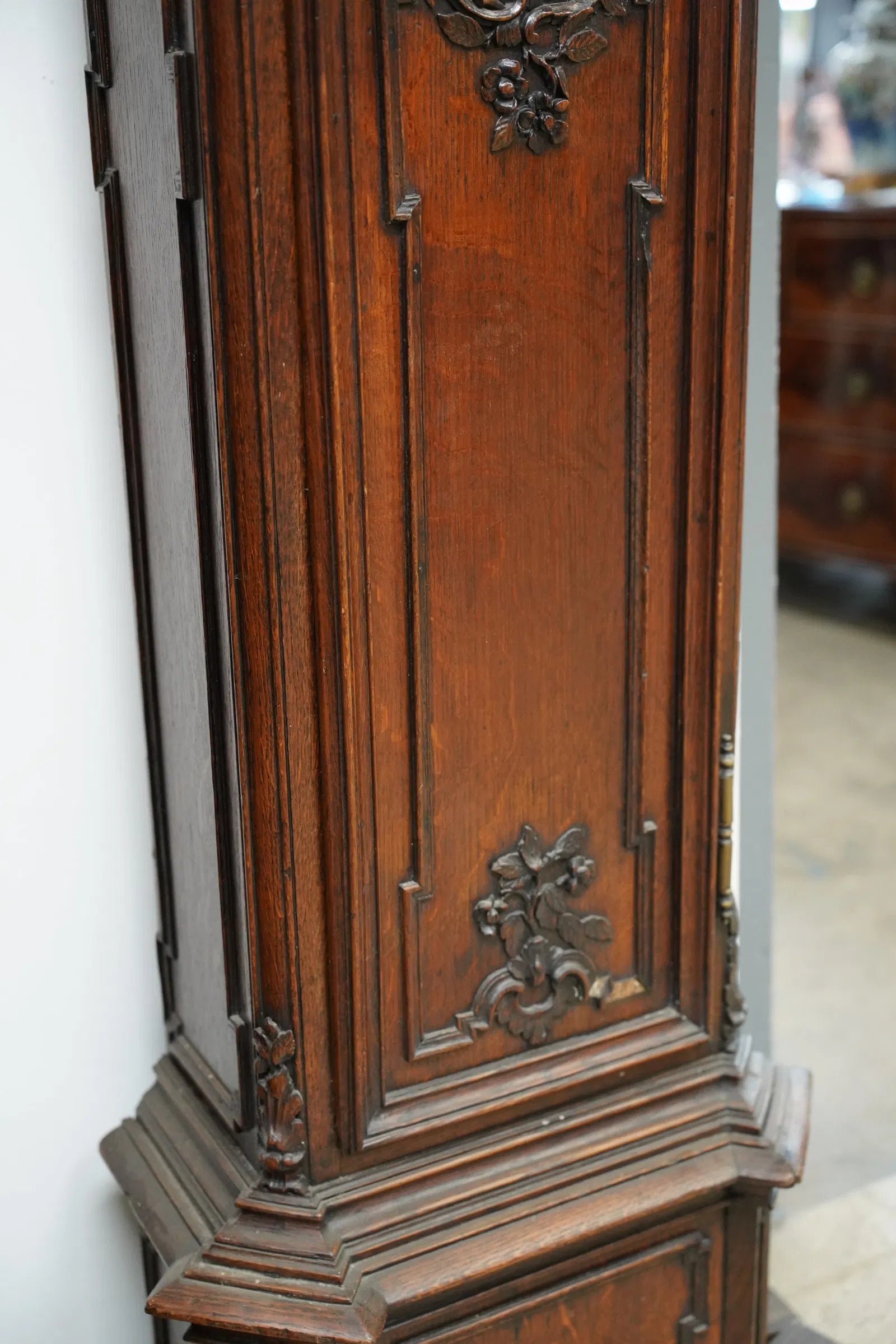 TK1-044: Late 18th Century French Louis XV Provincial Carved Oak Tall Case Clock