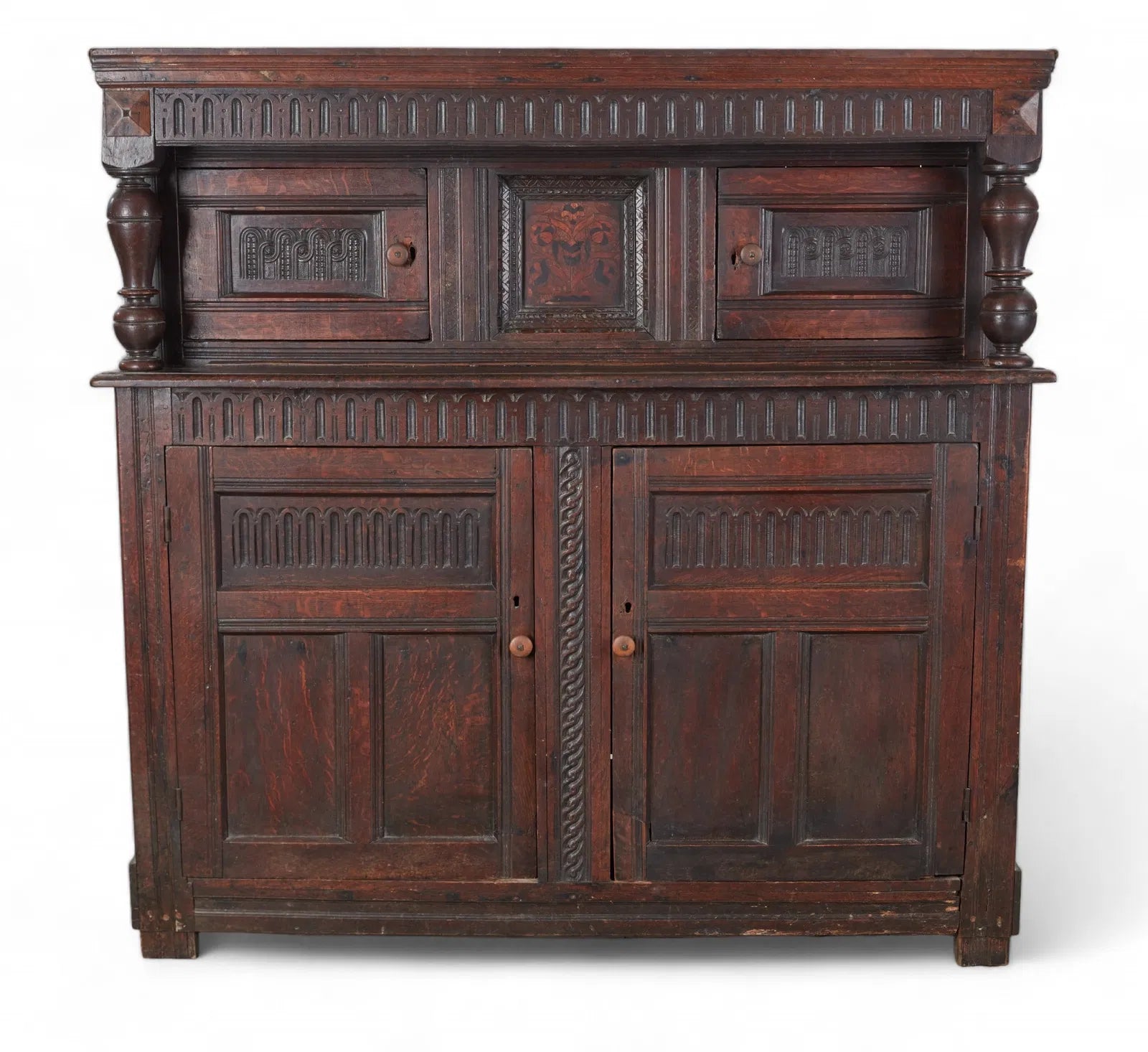 AF3-230: Antique 1600's English Jacobean Oak Marquetry Inlay Court Cupboard