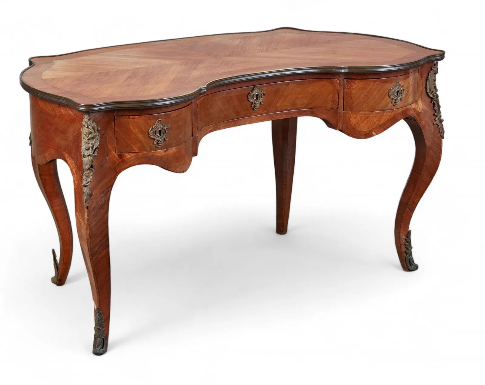 AF5-034: Antique Circa 1900 Louis XV Kingwood Parquetry Bureau a Rognon With Gilt Bronze Mounts