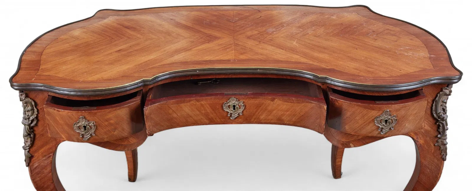 AF5-034: Antique Circa 1900 Louis XV Kingwood Parquetry Bureau a Rognon With Gilt Bronze Mounts