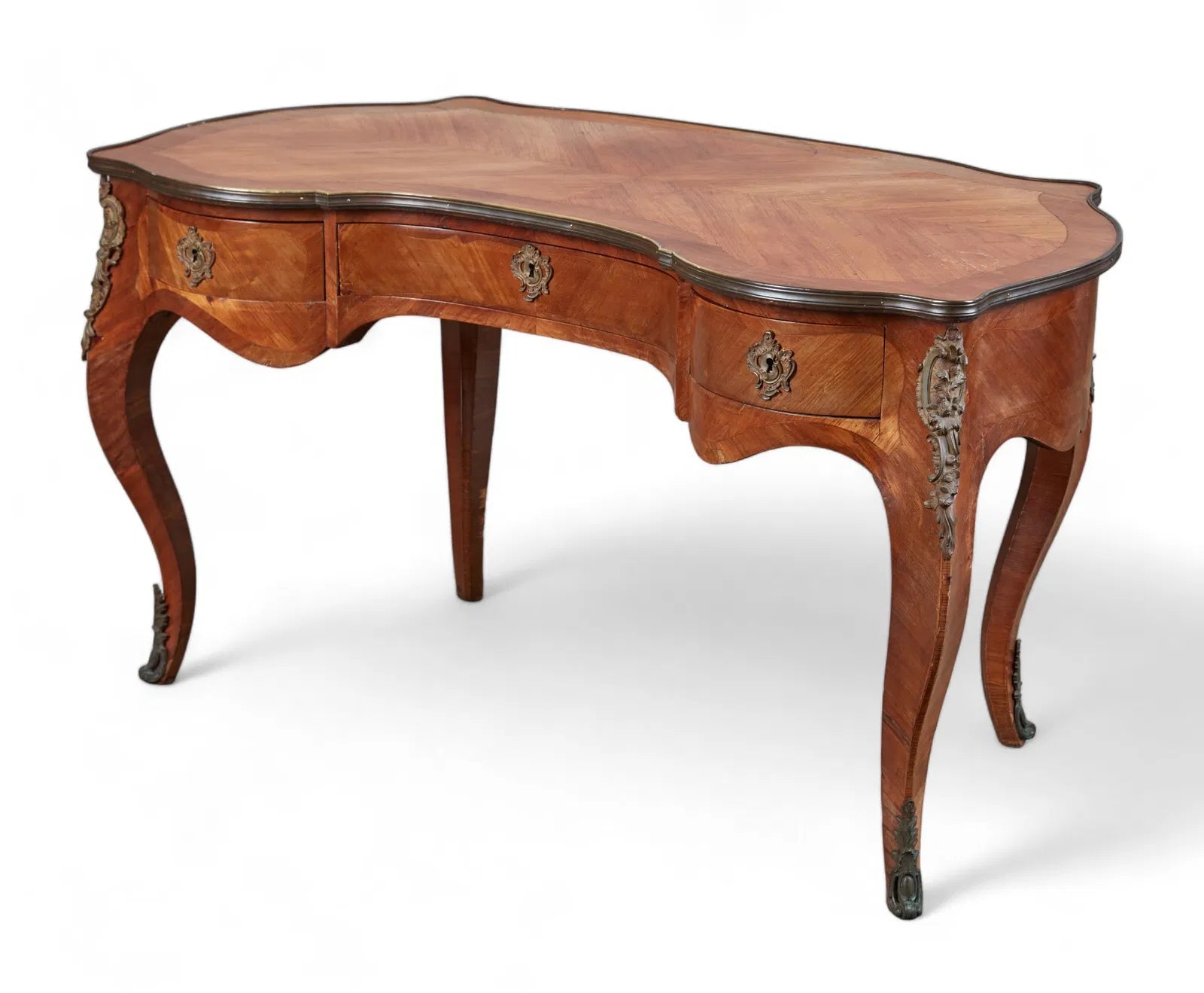 AF5-034: Antique Circa 1900 Louis XV Kingwood Parquetry Bureau a Rognon With Gilt Bronze Mounts