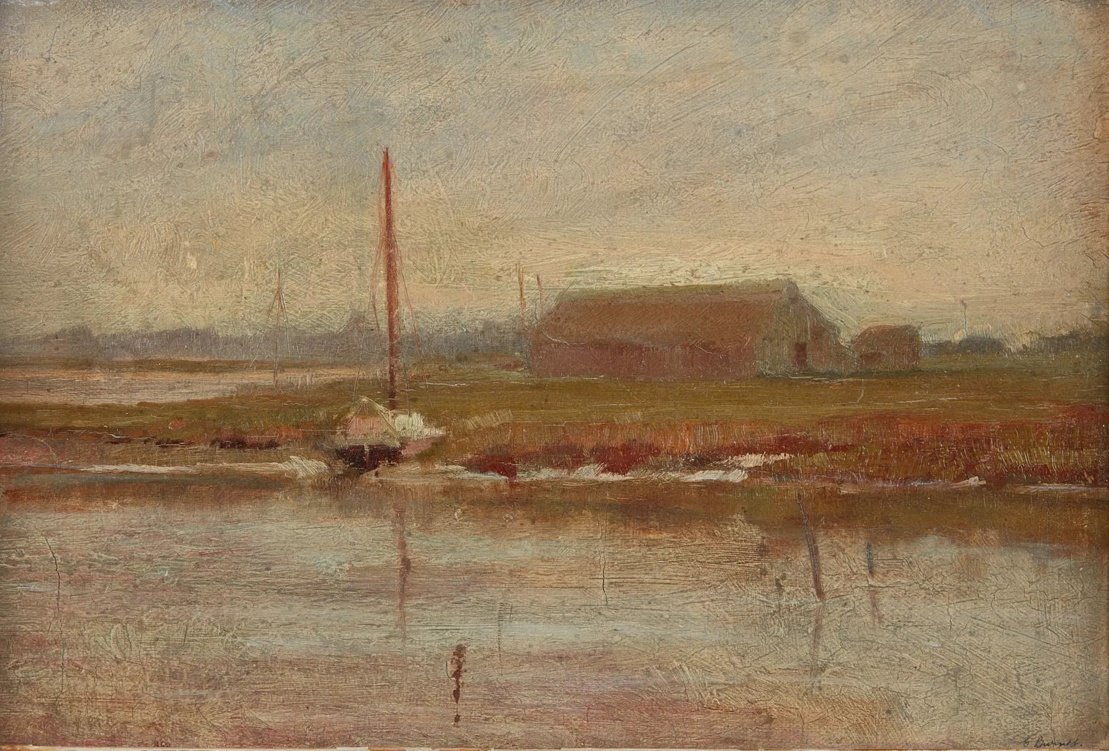 aw660: Late 19th Century American School Oil on Board Impressionist Painting of Sailboat Moored on a River Bank