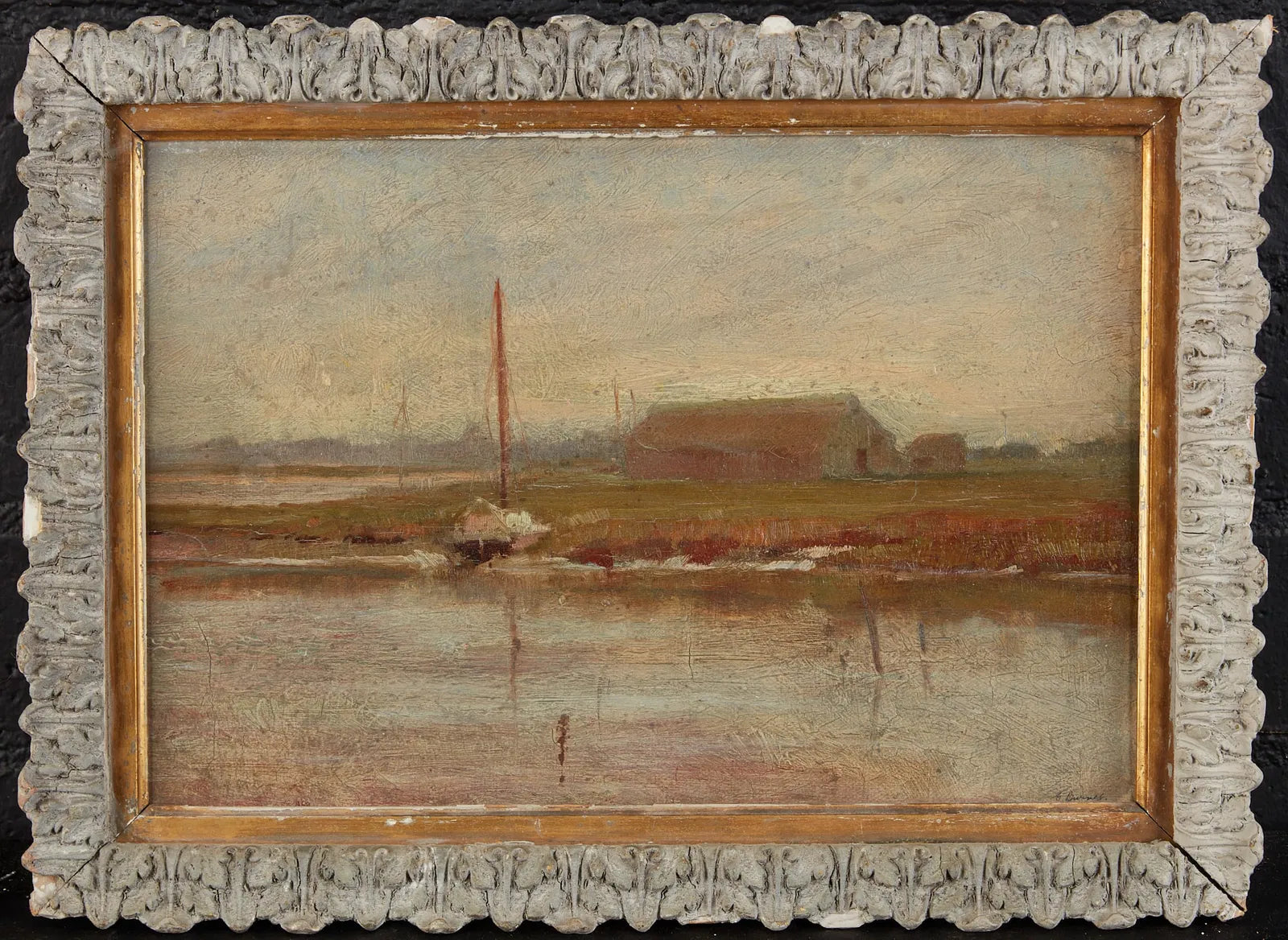 aw660: Late 19th Century American School Oil on Board Impressionist Painting of Sailboat Moored on a River Bank