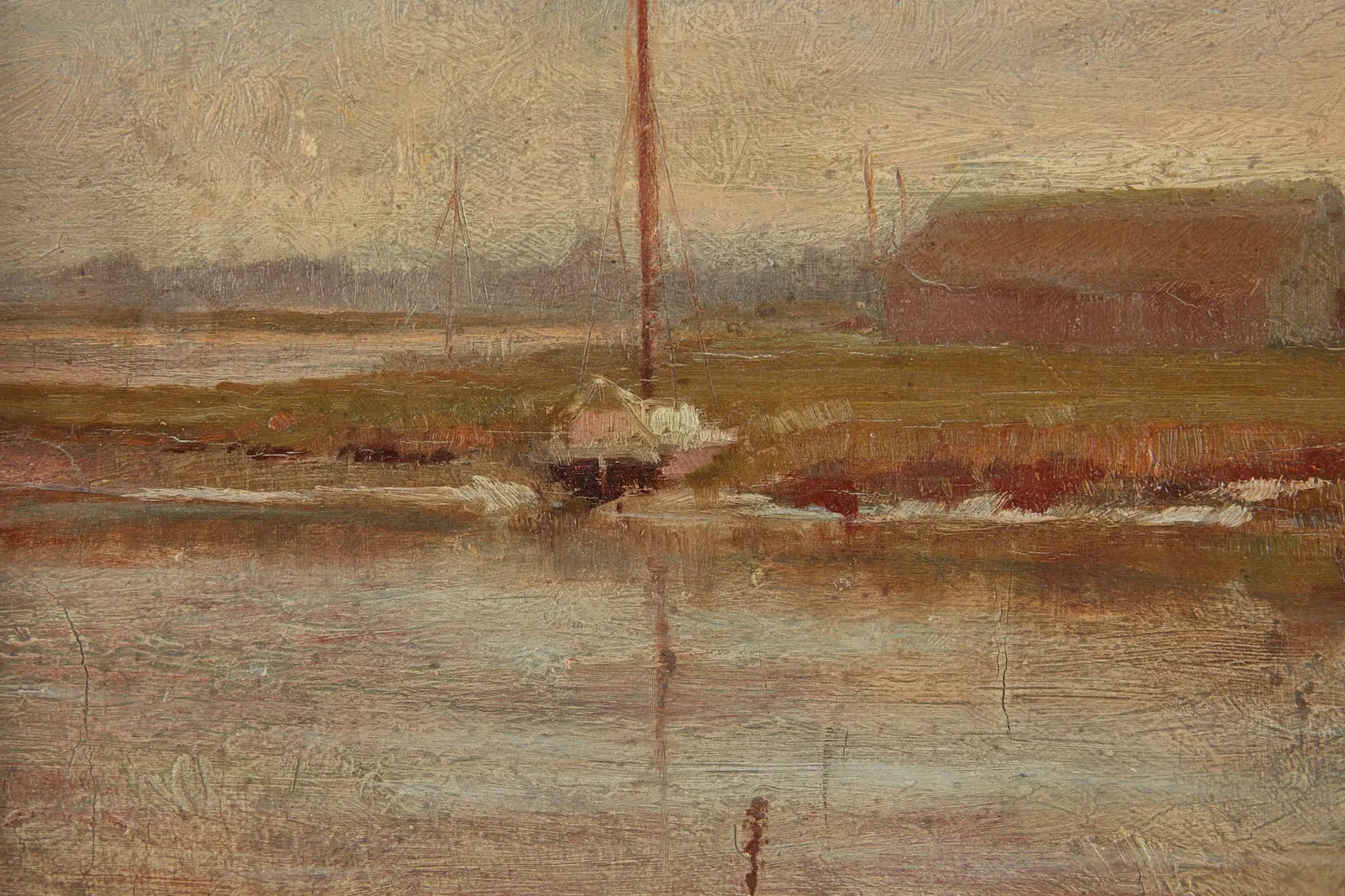 aw660: Late 19th Century American School Oil on Board Impressionist Painting of Sailboat Moored on a River Bank