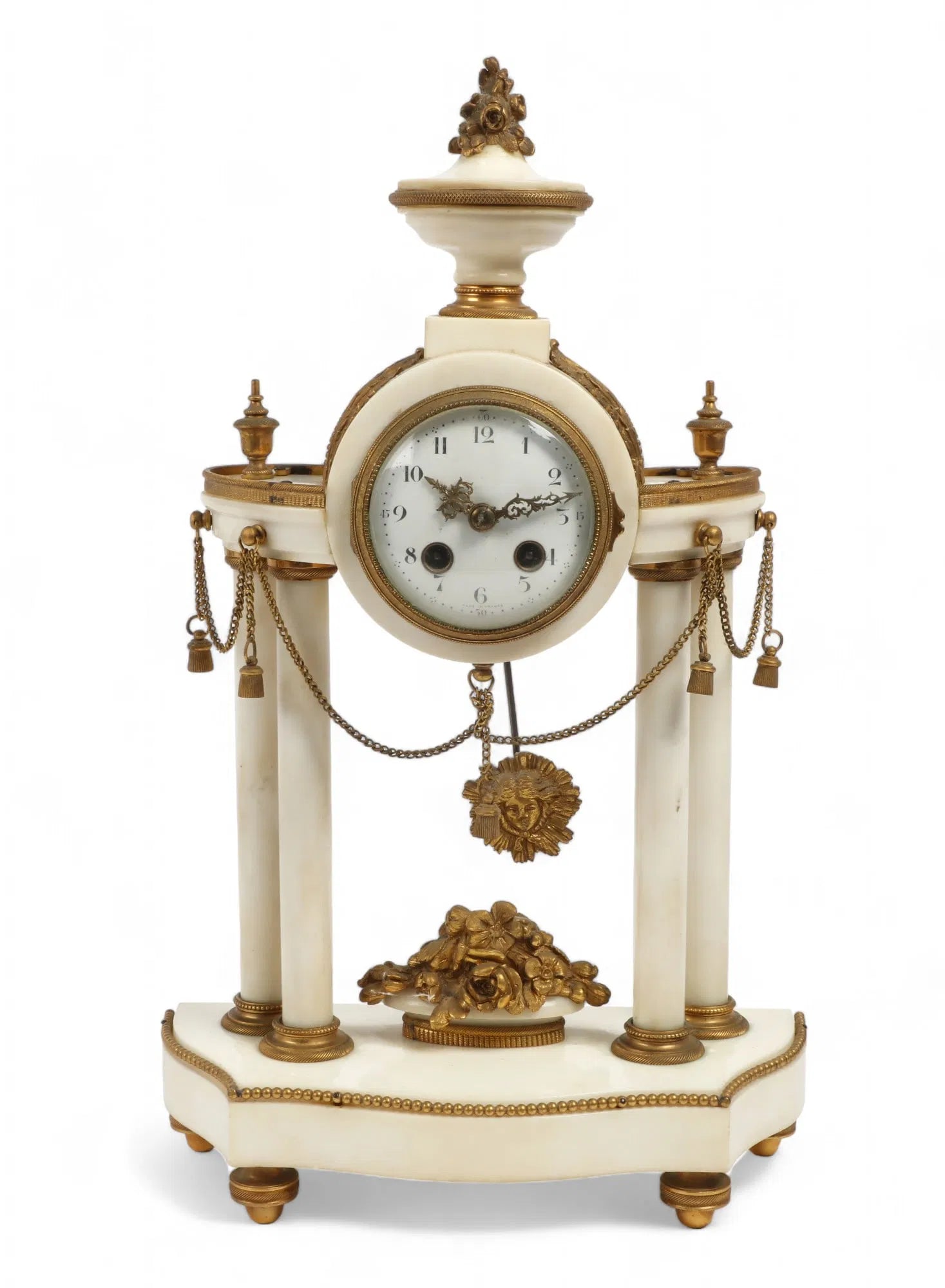 TK2-024: C 1850 French Napoleon III Gilt Bronze White Marble Portico Clock