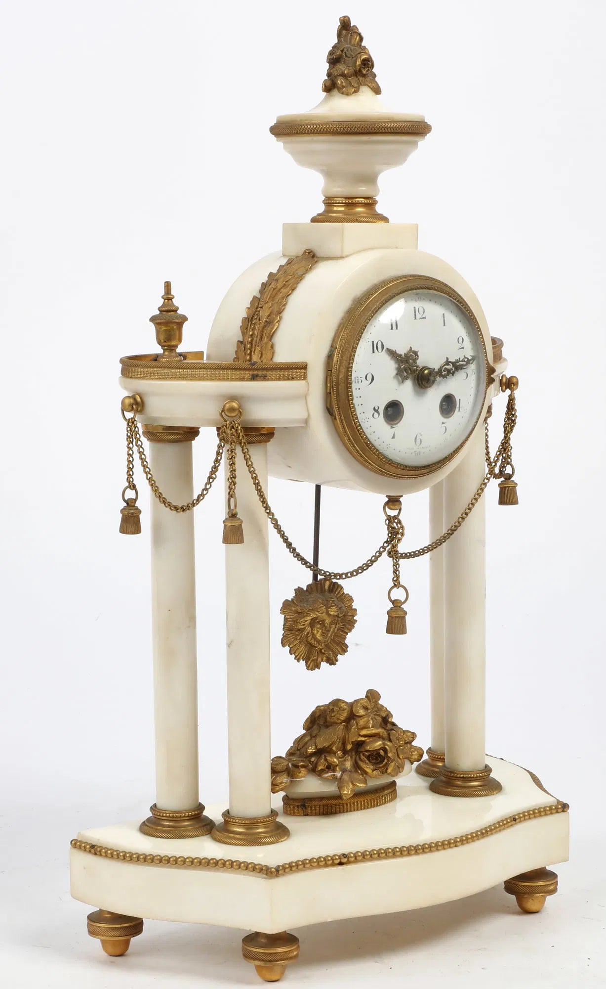 TK2-024: C 1850 French Napoleon III Gilt Bronze White Marble Portico Clock