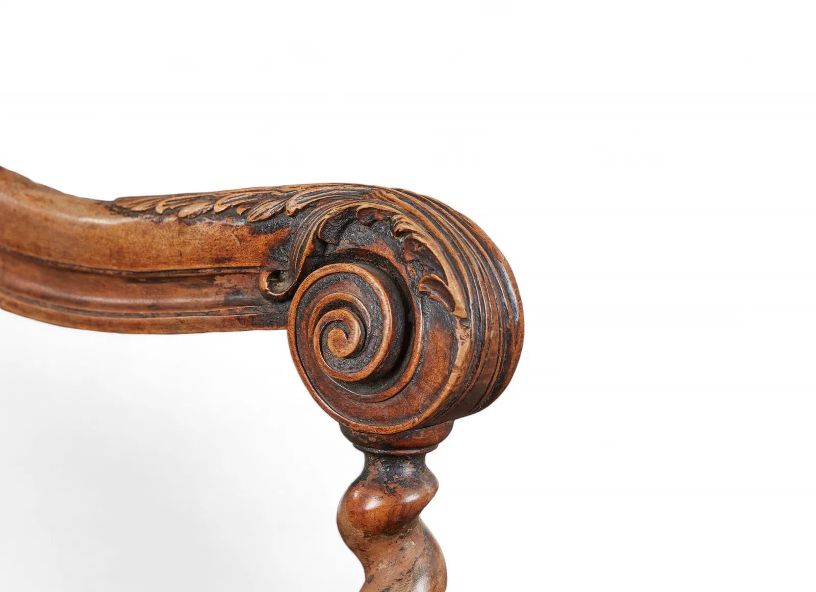 AF2-427: Antique 18th Century Jacobean Baroque Carved Walnut Arm Chair With Caned Seat & Back