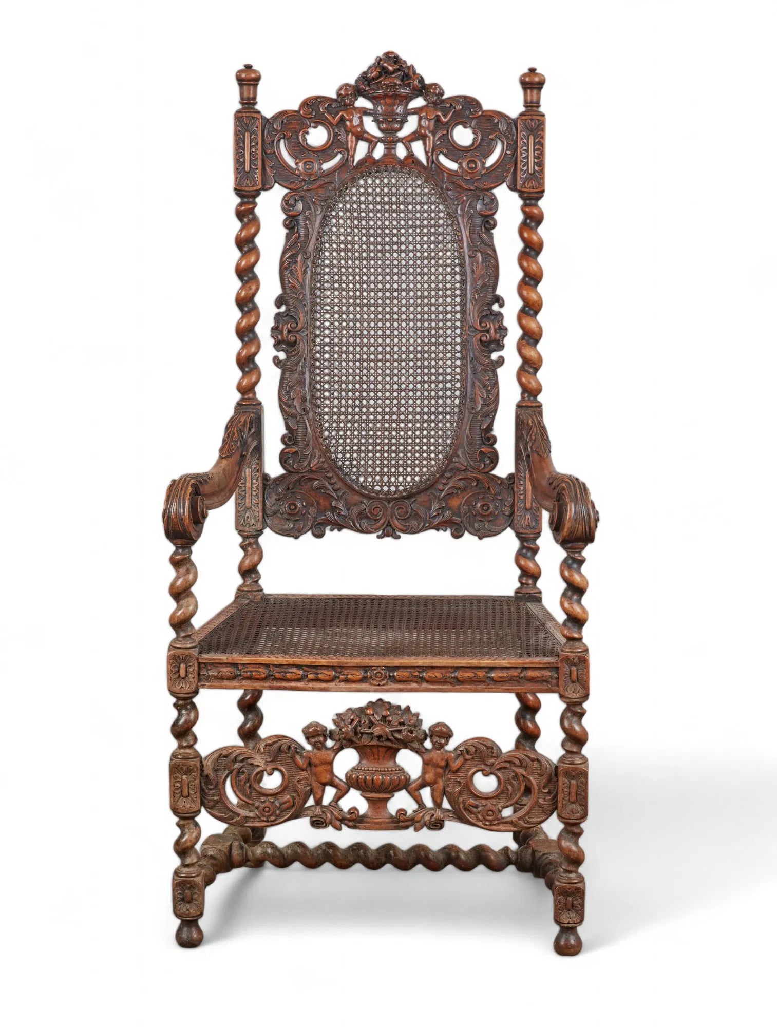 AF2-427: Antique 18th Century Jacobean Baroque Carved Walnut Arm Chair With Caned Seat & Back