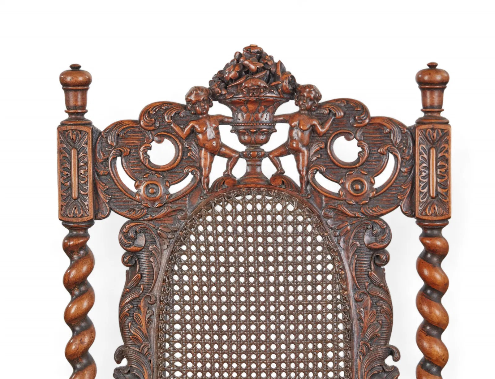 AF2-427: Antique 18th Century Jacobean Baroque Carved Walnut Arm Chair With Caned Seat & Back