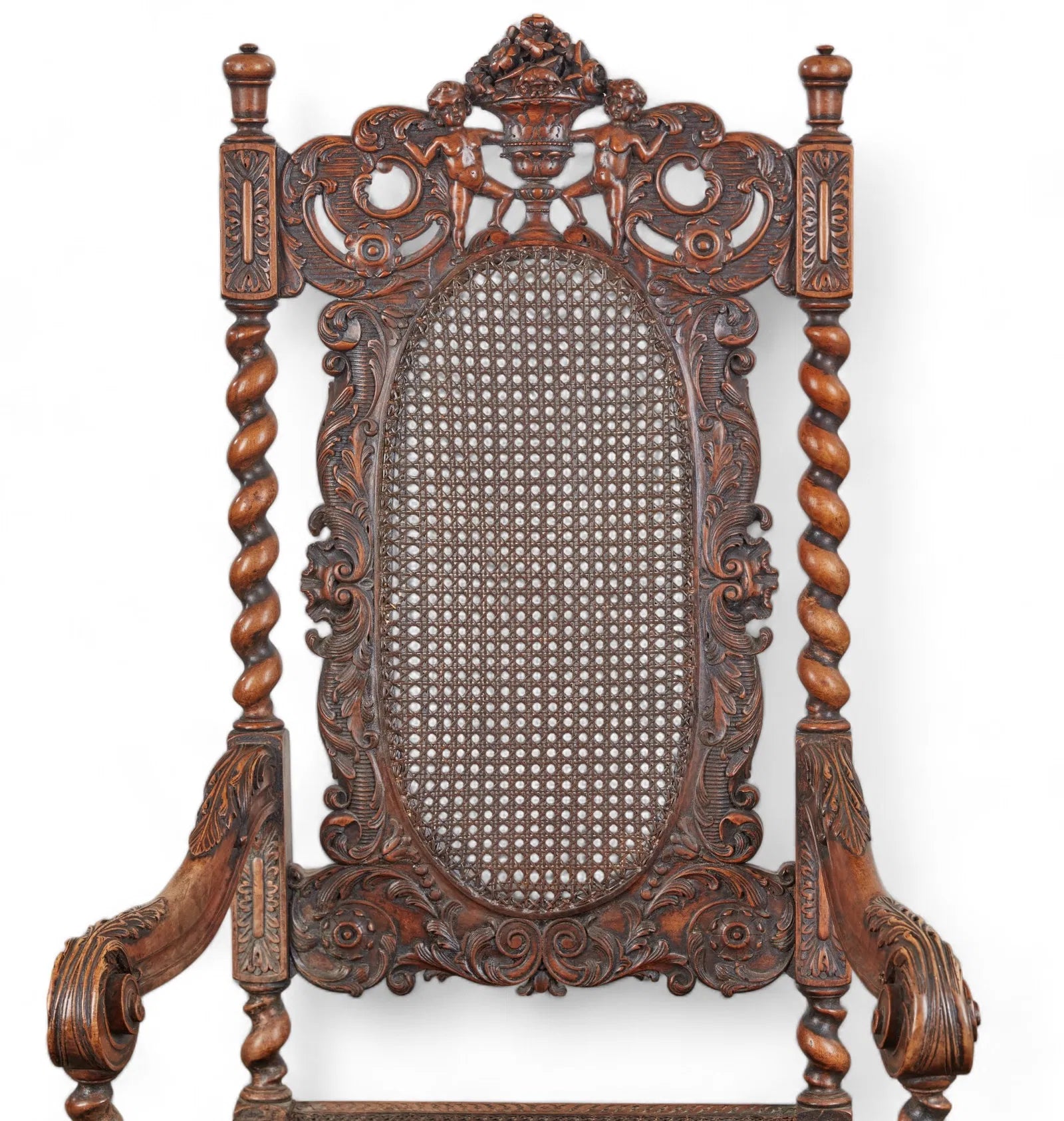 AF2-427: Antique 18th Century Jacobean Baroque Carved Walnut Arm Chair With Caned Seat & Back