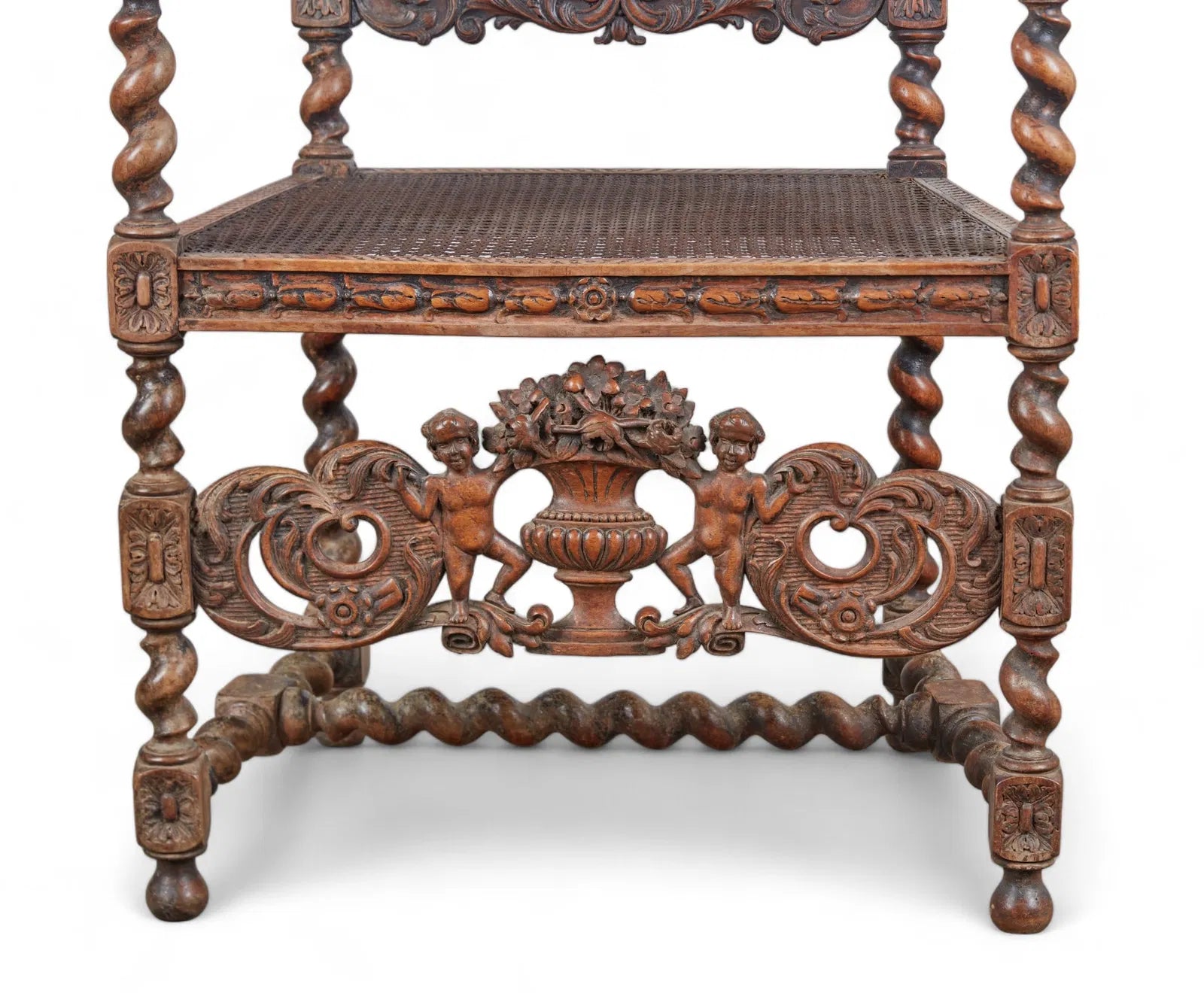 AF2-427: Antique 18th Century Jacobean Baroque Carved Walnut Arm Chair With Caned Seat & Back