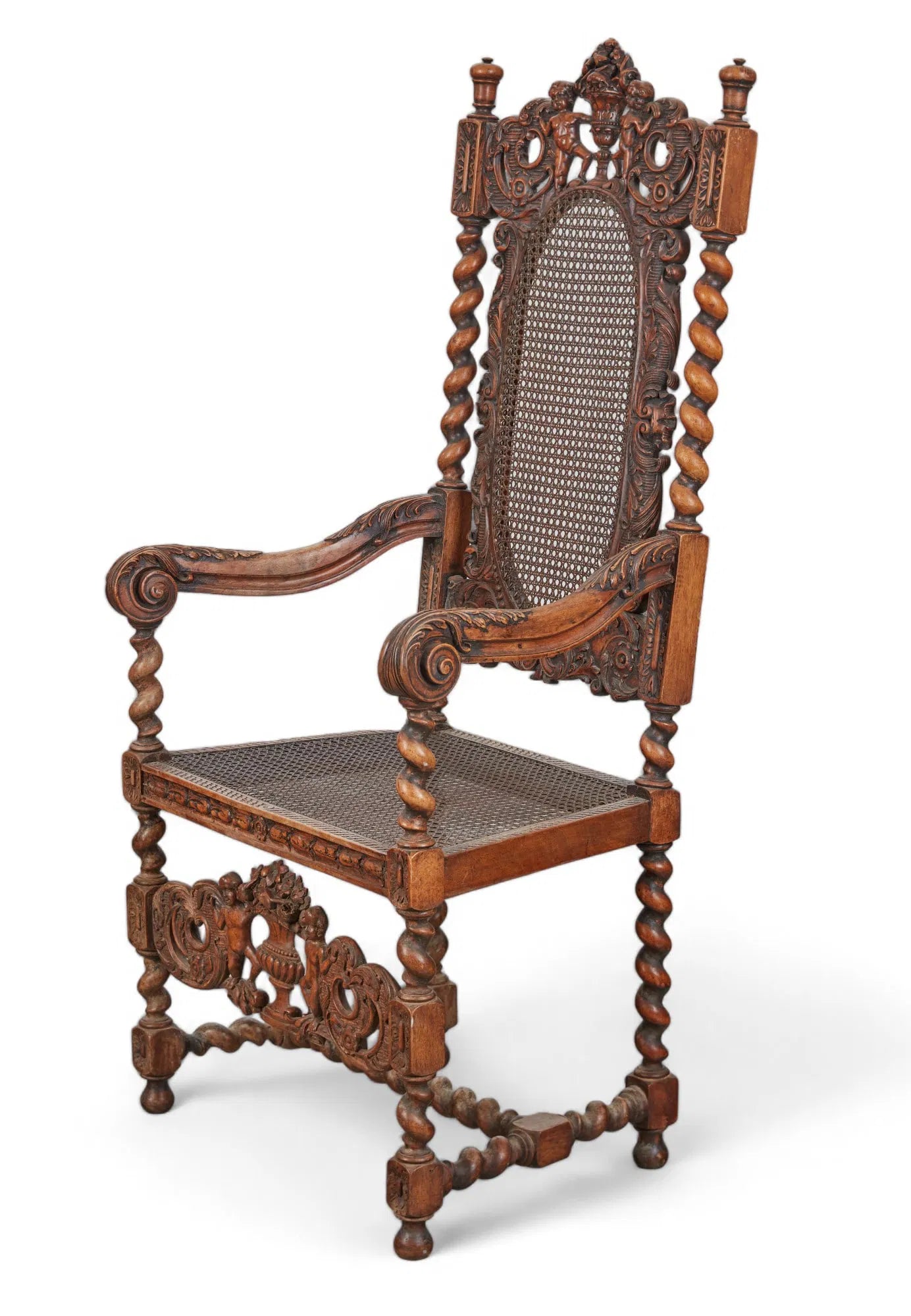 AF2-427: Antique 18th Century Jacobean Baroque Carved Walnut Arm Chair With Caned Seat & Back