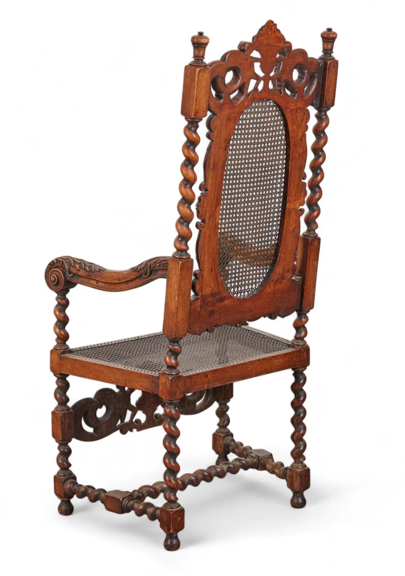 AF2-427: Antique 18th Century Jacobean Baroque Carved Walnut Arm Chair With Caned Seat & Back